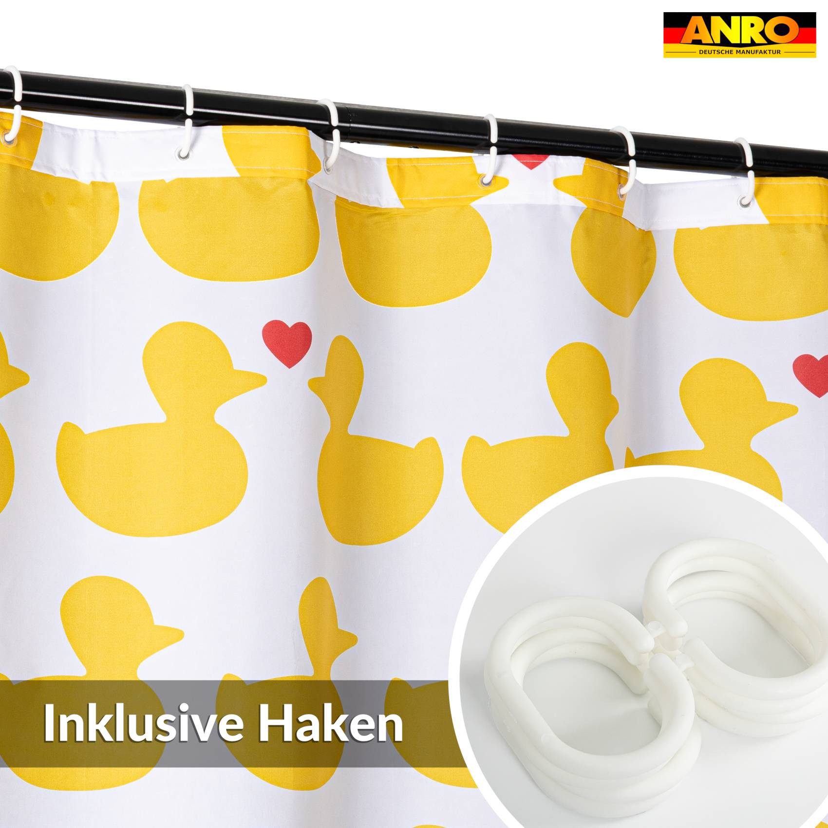 ANRO Duschvorhang FASTY Ente Anti-Schimmel Polyester Badezimmervorhang Bad-Stoff Breite 120 cm (Packung, 1-tlg., Duschvorhang inkl. Aufhängeringe), robuster Vorhang Stangenaufhängung 120x200cm Modern Gelb