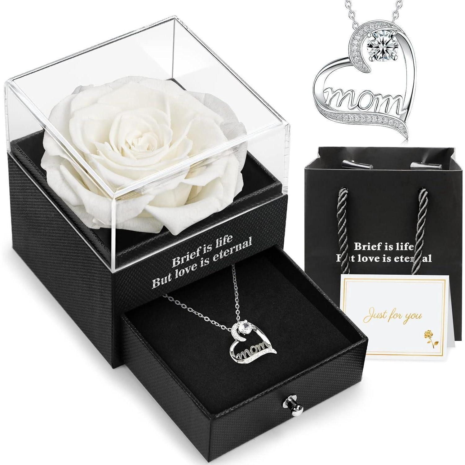 Hnustbo Schmuckset Ewige Echte Rose mit Mom Halskette Weiß, Geschenk für Mutter