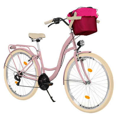 MILORD BIKES Cityrad Milord City Fahrrad Korb Retro Damen, 28 Zoll, Rosa-Creme, 21-Gang, 21 Gang, Kettenschaltung