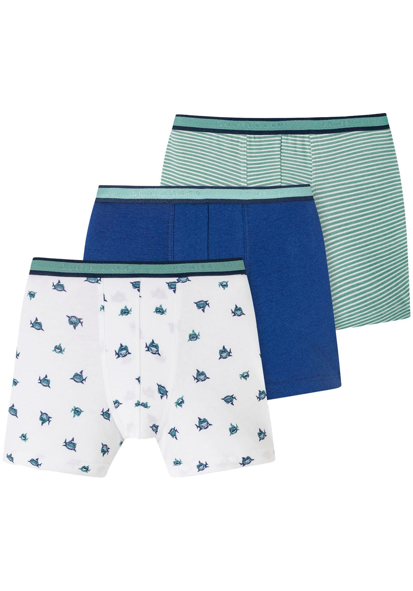 Schiesser Boxershorts "95/5" (3er-Pack) mit Hai-Motiven, uni und geringelt