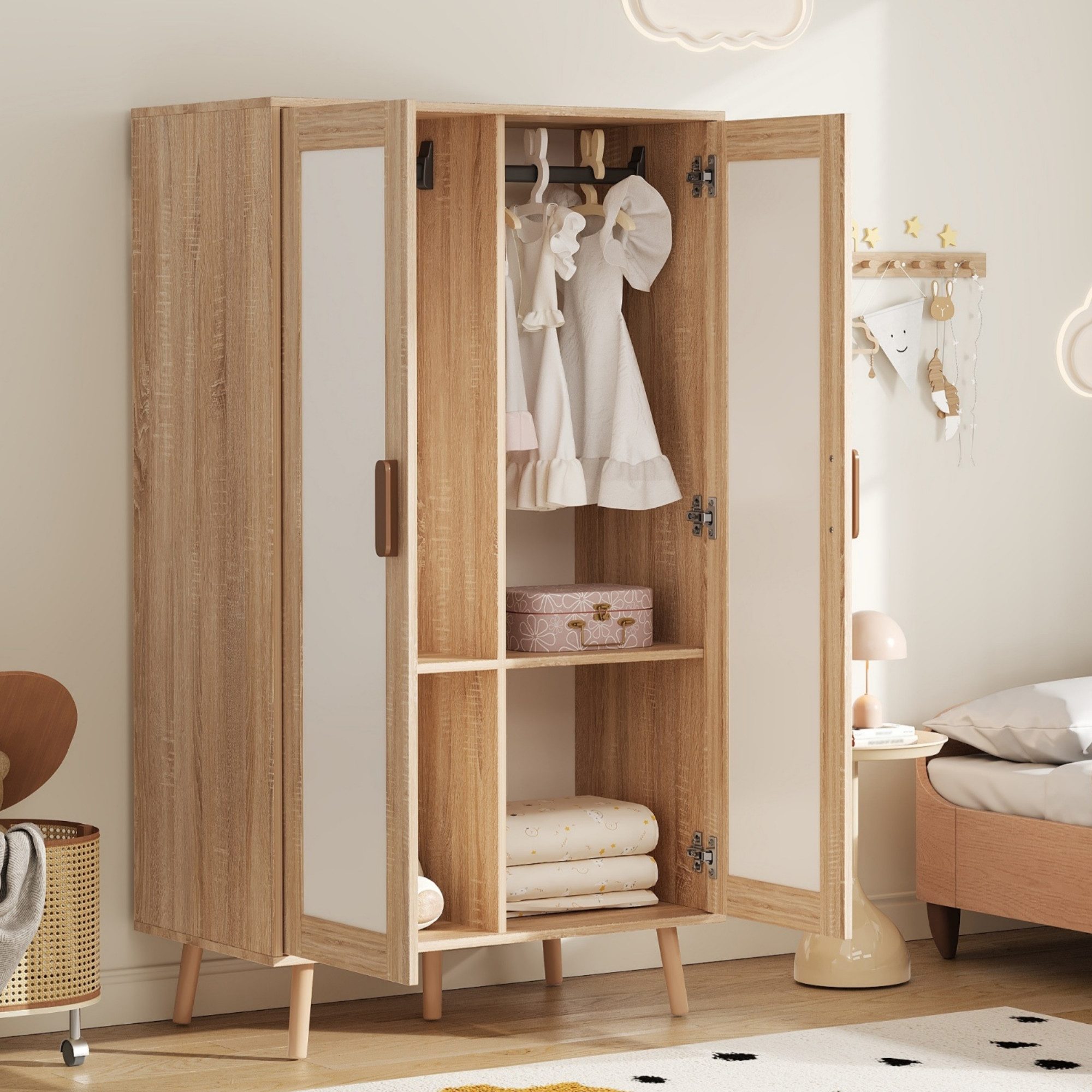 Flieks Kleiderschrank Doppeltüriger Kleiderschrank mit Kleiderstange 80x46x141.5cm