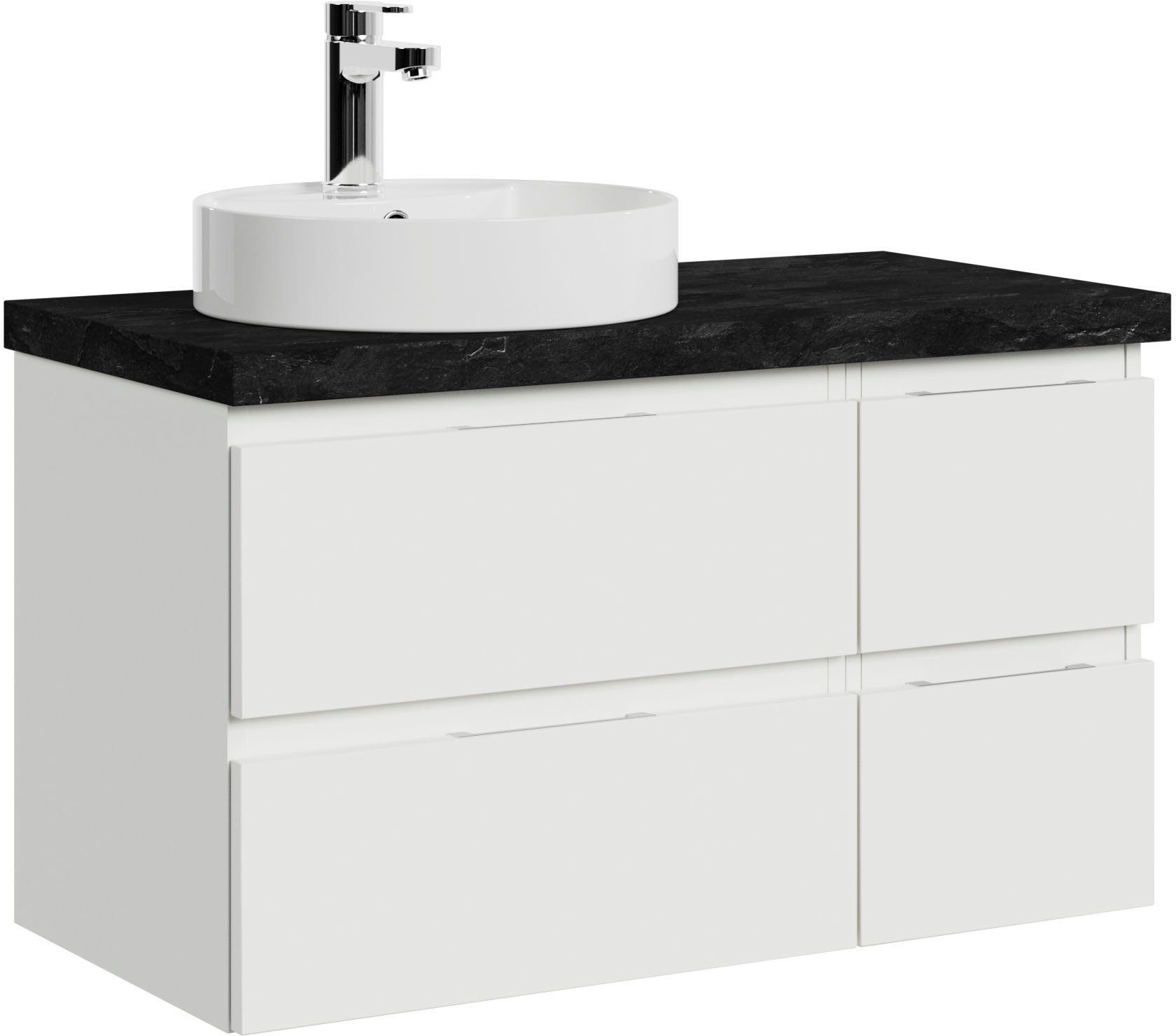 Saphir Waschtisch Serie 4035 Keramik-Aufsatzbecken mit Unterschrank, 88 cm breit, Waschplatz mit 4 Schubladen, Griffuge, Schneeweiß Glanz