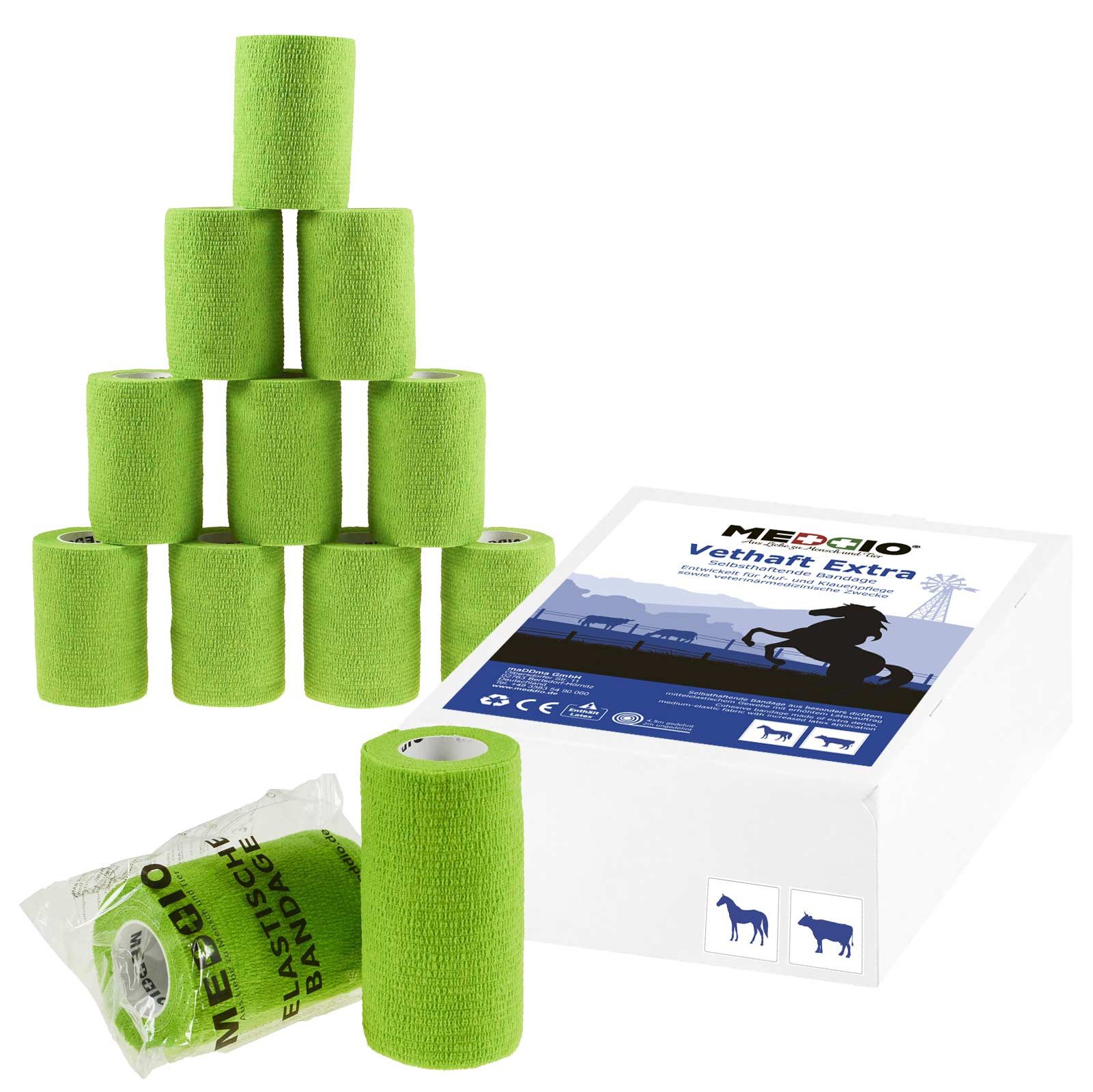 meDDio Bandage 12 x Vethaft Extra selbsthaftende Bandage f. Huf- und Klauenpfleger, hellgrün