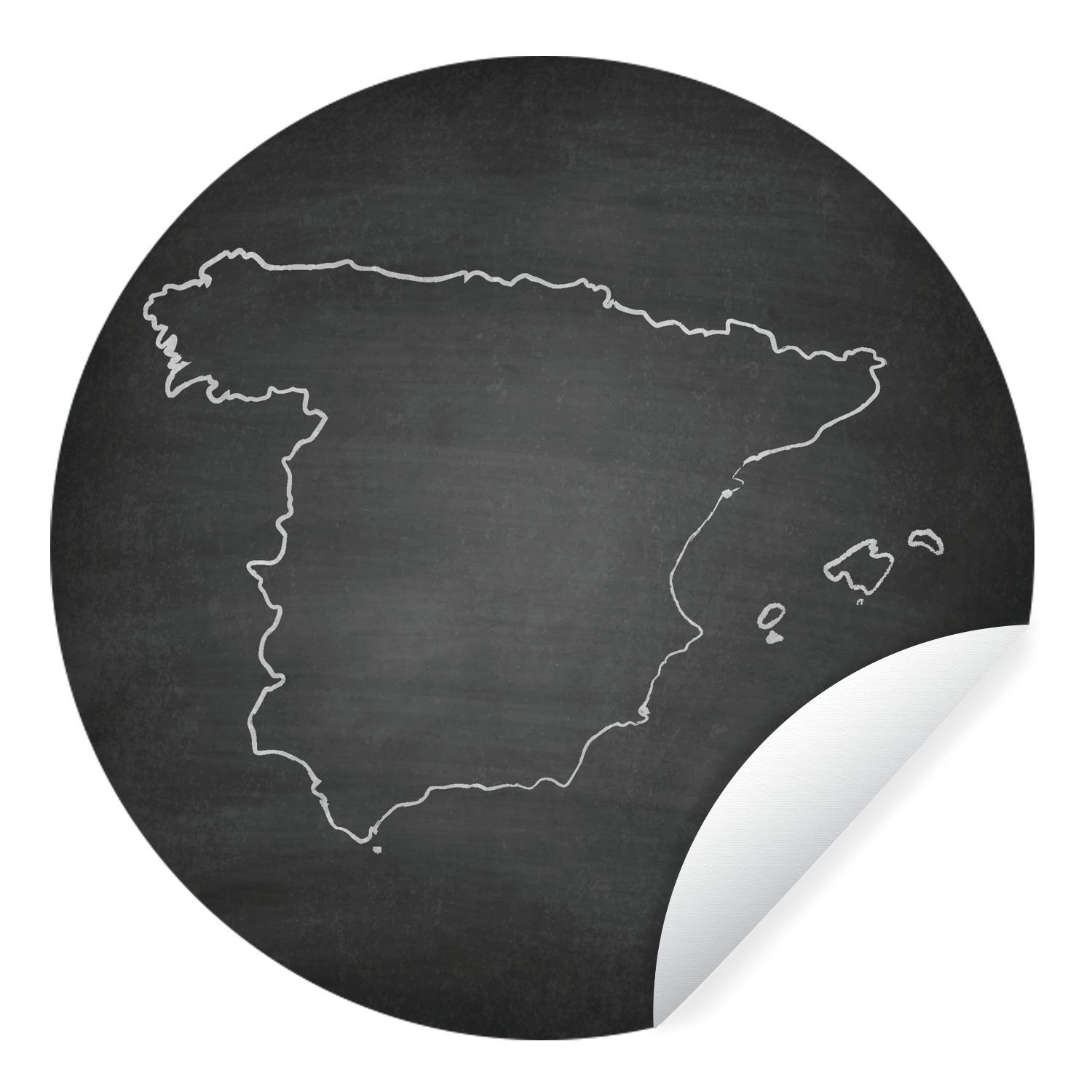MuchoWow Wandsticker Schwarze und weiße Illustration von Spanien auf einer Kreidetafel (1 St), Tapetenkreis für Kinderzimmer, Tapetenaufkleber, Rund, Wohnzimmer