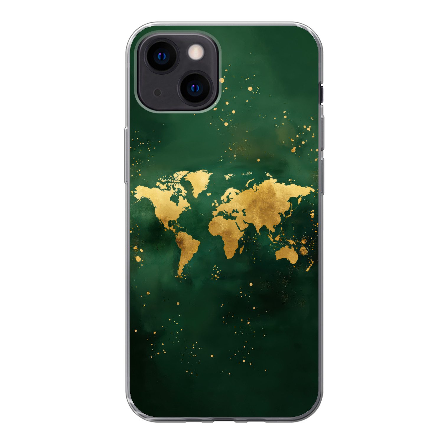MuchoWow Handyhülle für Apple iPhone 13 mini Weltkarte - Grün - Gold, Smartphone-Bumper, Print, Handy Schutzhülle Dünn
