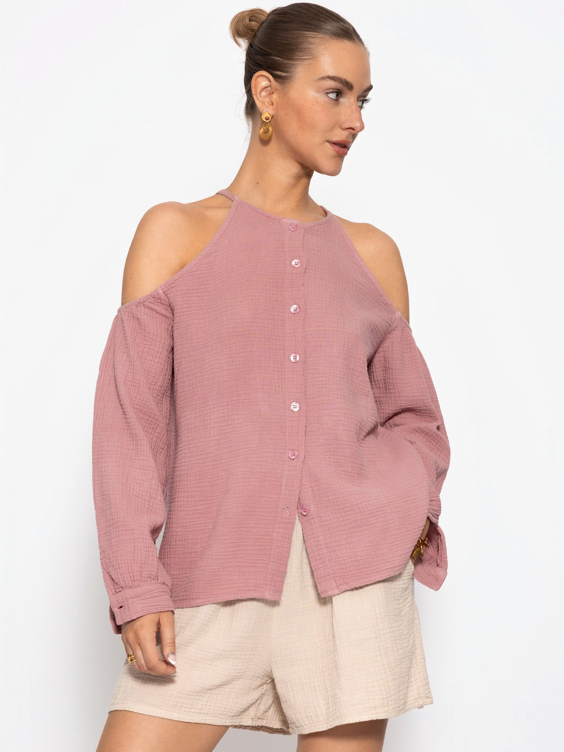 SASSYCLASSY Hemdbluse Musselin Bluse mit Cut-Outs für Damen Moderne Langarmbluse mit Knopfleiste in fließendem Schnitt