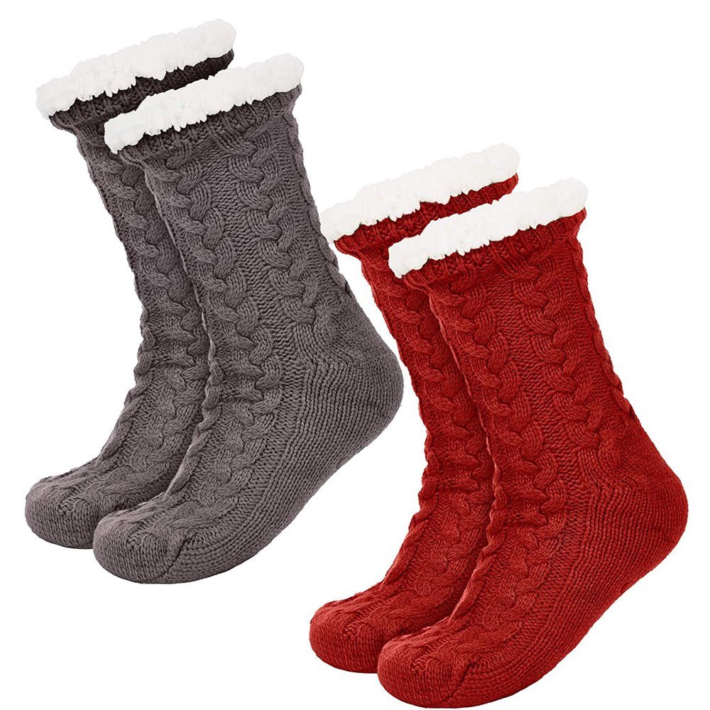 GelldG Thermosocken 2 Paar Damen Warme Pantoffel Socken Weihnachten Fuzzy Socken rot + grau