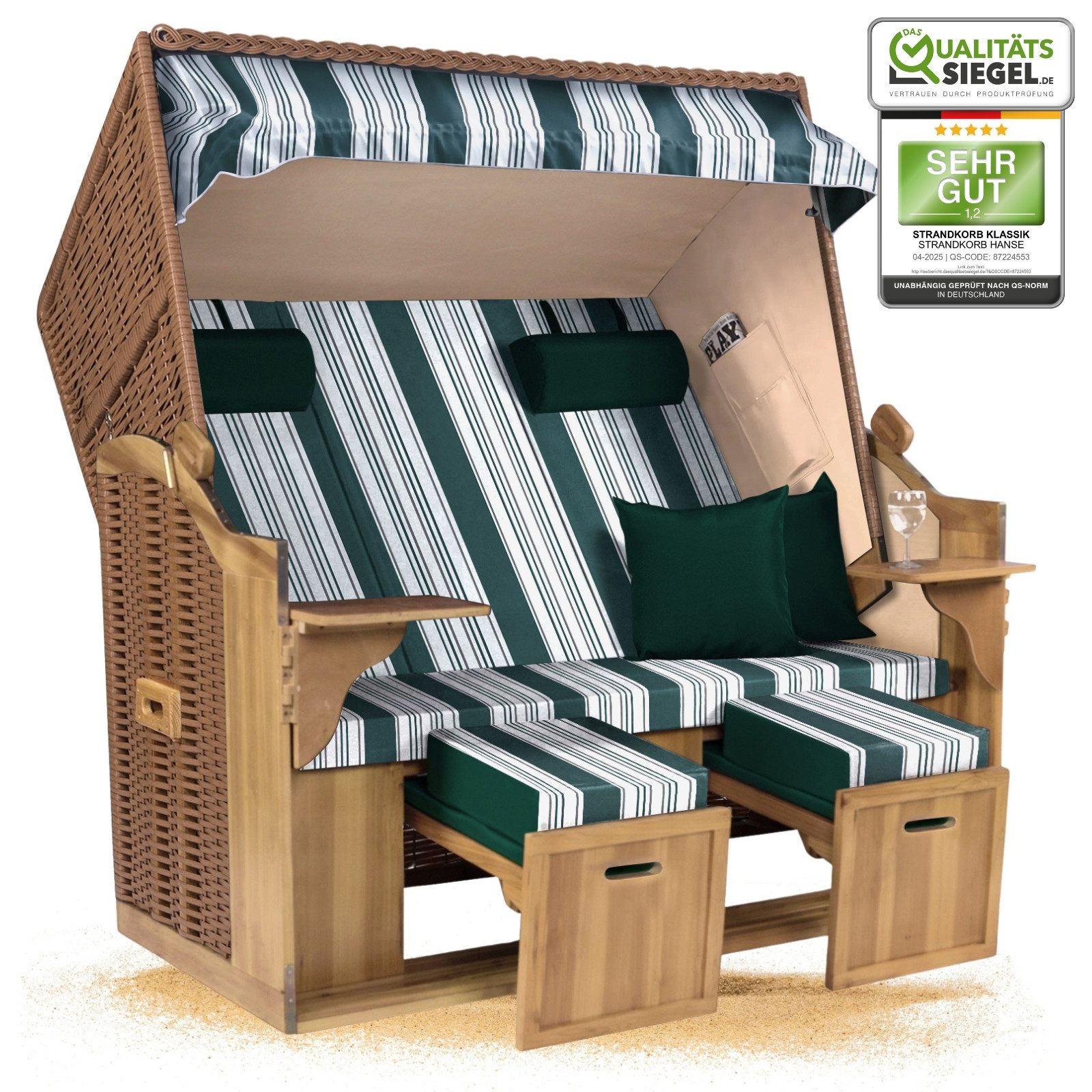 Strandkorb Hanse Strandkorb Strandkorb Ostsee XXL 2,5-Sitzer Volllieger Beige Grün, BxTxH: 150x80x160 cm, Ostsee XXL Volllieger, Ostsee 2,5-Sitzer Modell 2025, Stabiles Wacholder mit handgefertigtem Polyrattangeflecht