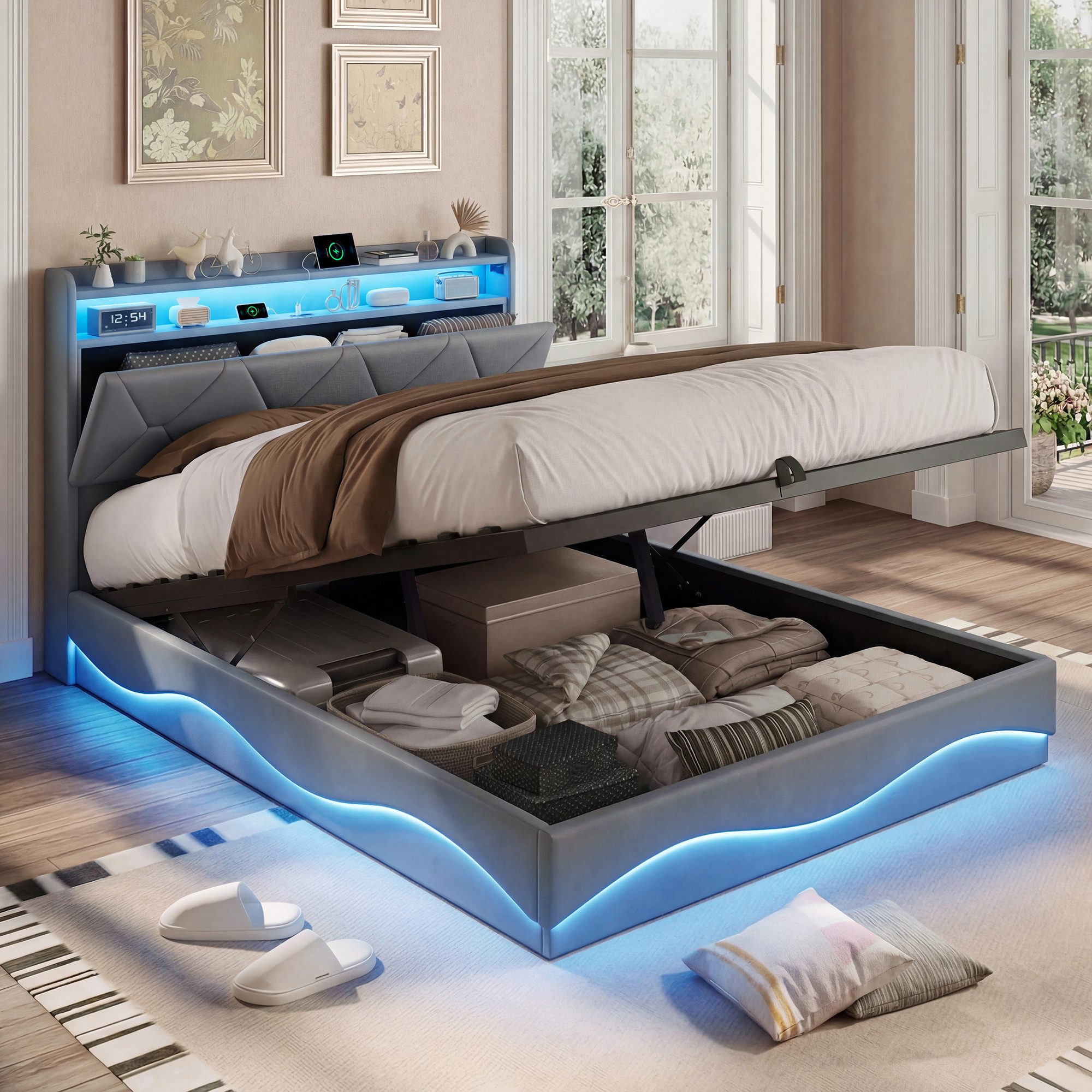 Furnishings Home Polsterbett LED Doppelbett 140 x 200 cm, Stauraumbett (1-tlg., Mit LED-Beleuchtung, Lattenrost und Ladefunktion), Jugendbett Hydraulisches Stauraum