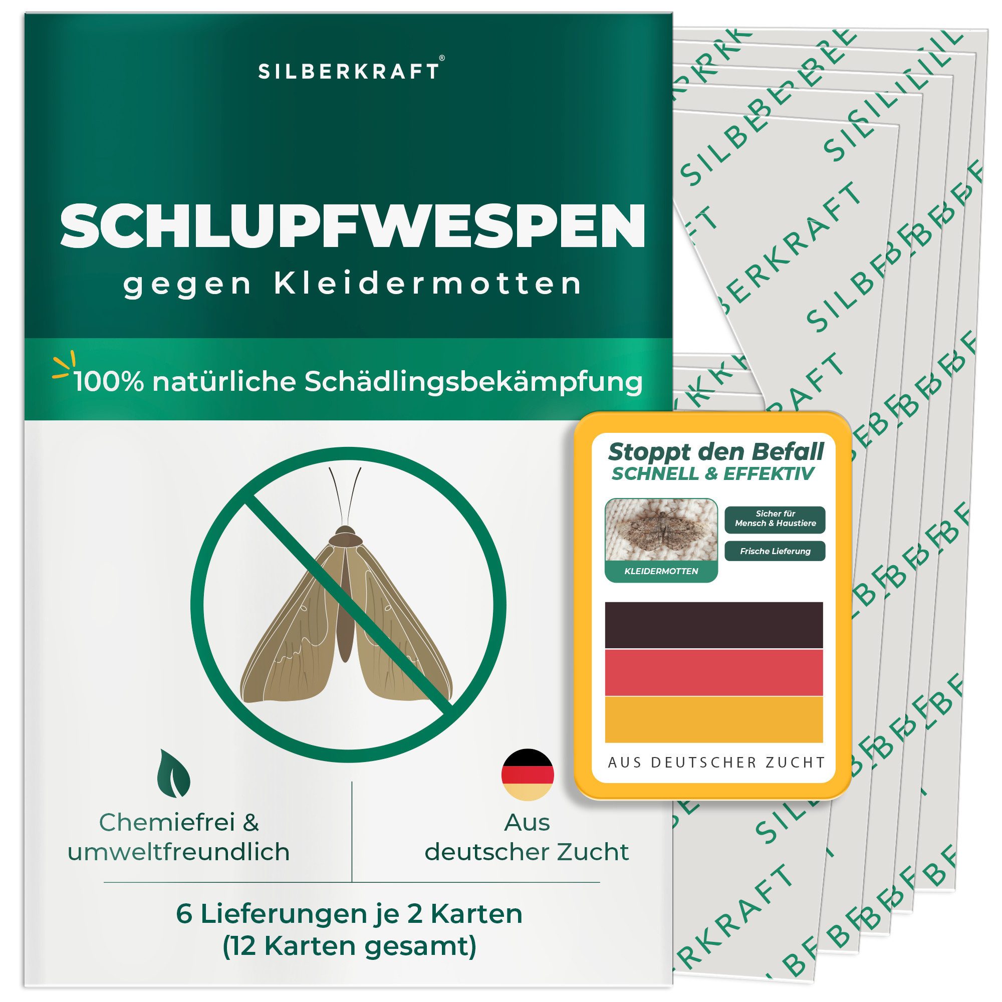 Silberkraft Insektenvernichter Schlupfwespen gegen Kleidermotten - Natürliche Mottenbekämpfung, 6 Lieferungen je 2 Karten (12 Karten gesamt) über 18 Wochen