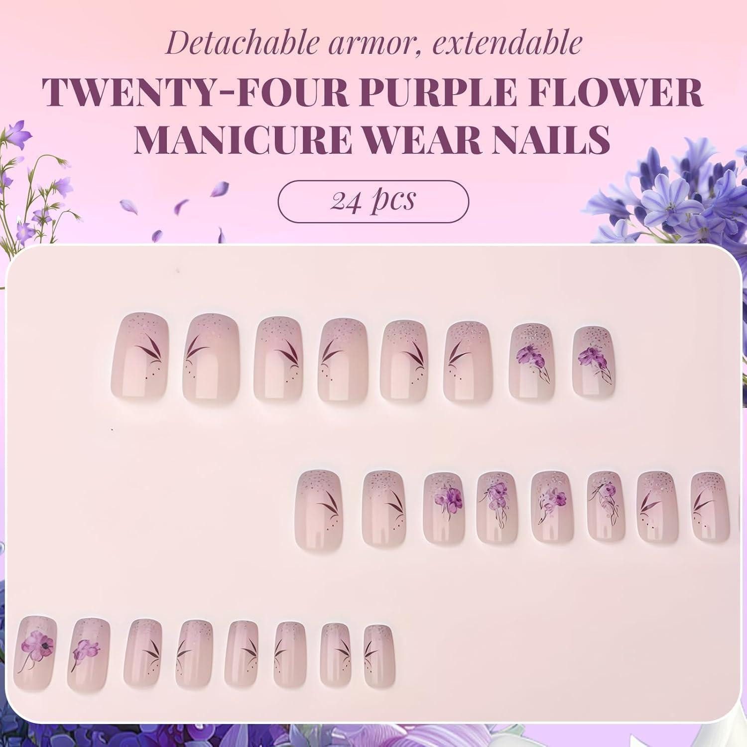 LuxusKollektion Kunstfingernägel Press On Nails 24 Stück Kurz Quadratisch French Lila Lila Blume