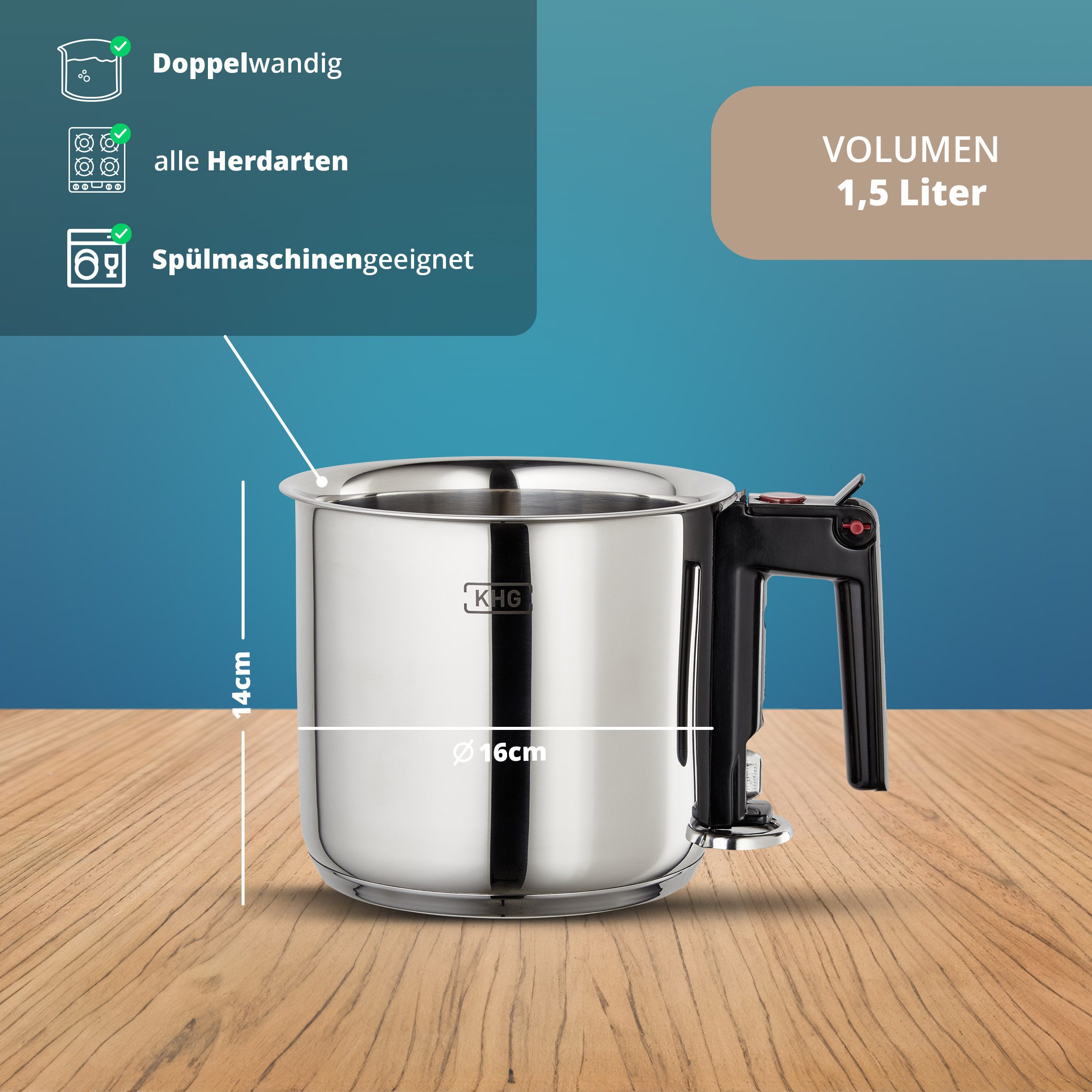 KHG Simmertopf Milchtopf 16 cm, Doppelwandig mit Grifföffnung, Edelstahl, 1,5 Liter Innenskala, Wasserbad-Prinzip, alle Herdarten auch Induktion