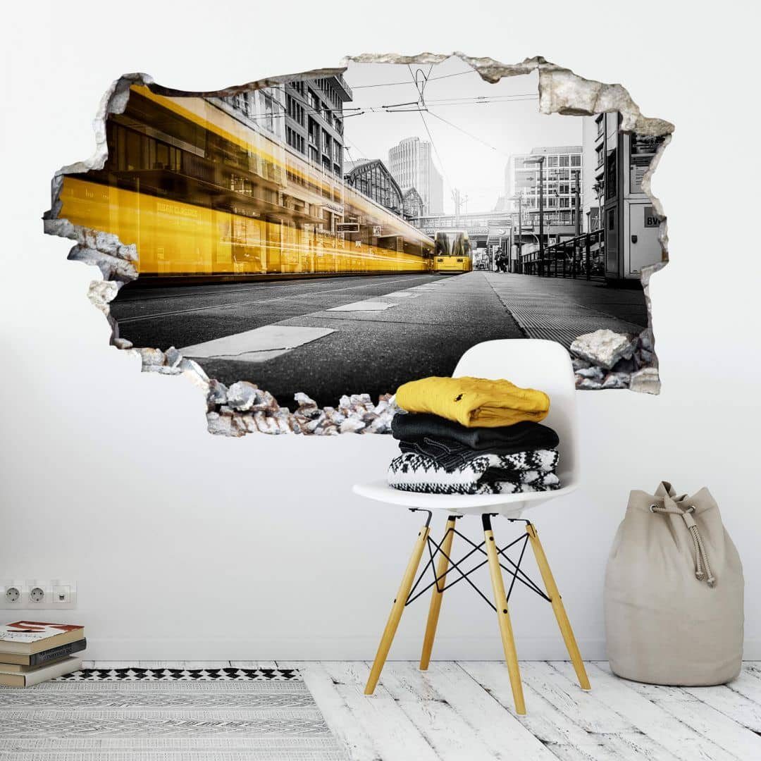 K&L Wall Art Wandtattoo 3D Wandtattoo Berlin Friedrichstrasse Heimat Wandsticker gelb schwarz, Mauerdurchbruch Wandbild selbstklebend