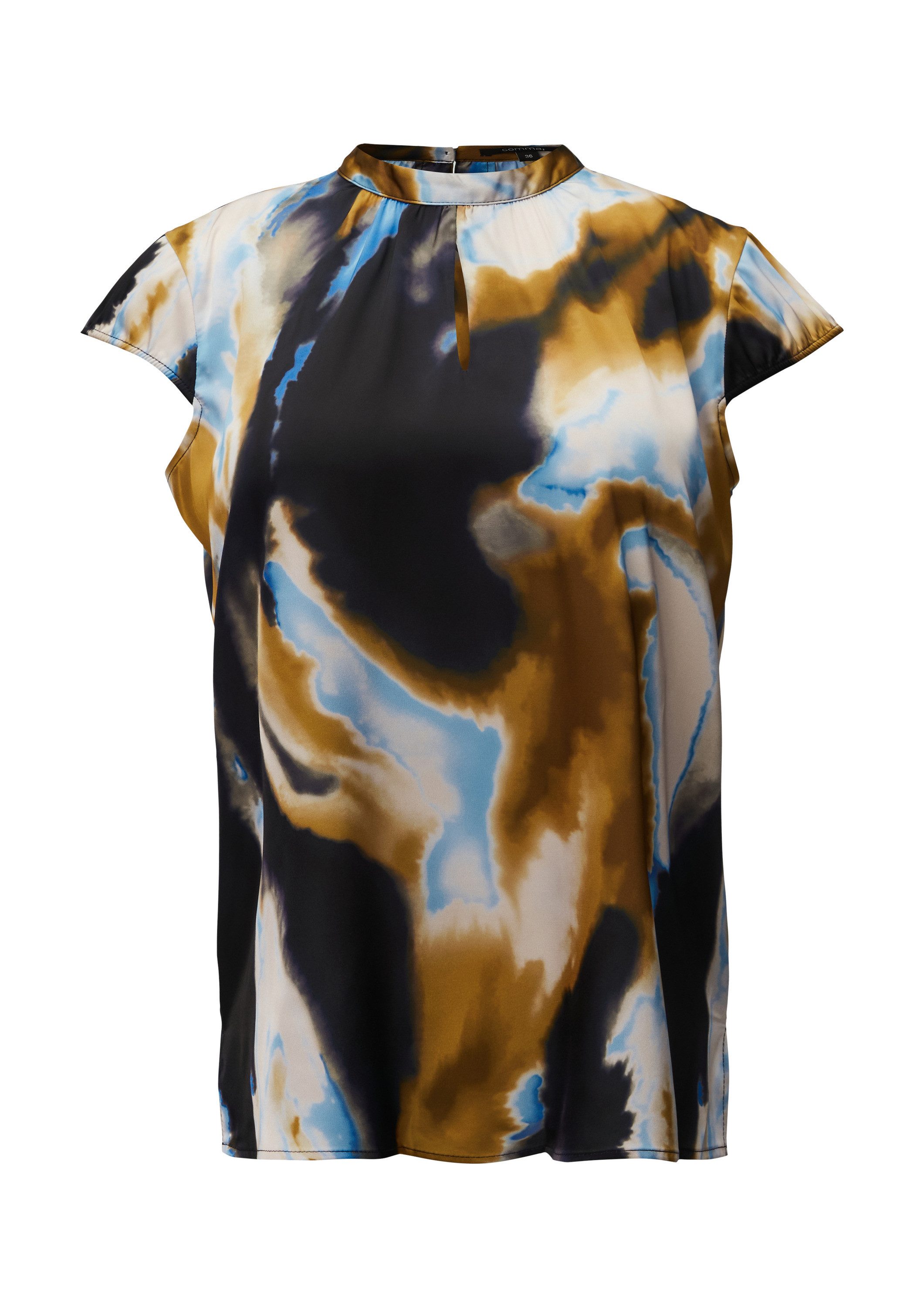 comma Kurzarmbluse Bluse Gemusterte Satin-Bluse mit Cut-out-Detail am Ausschnitt
