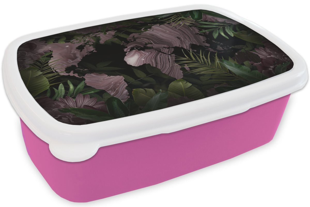 MuchoWow Lunchbox Weltkarte - Blätter, - Brotdose Lila Brotbox rosa Kunststoff, Erwachsene, für (2-tlg), Mädchen, Kunststoff Snackbox, Kinder