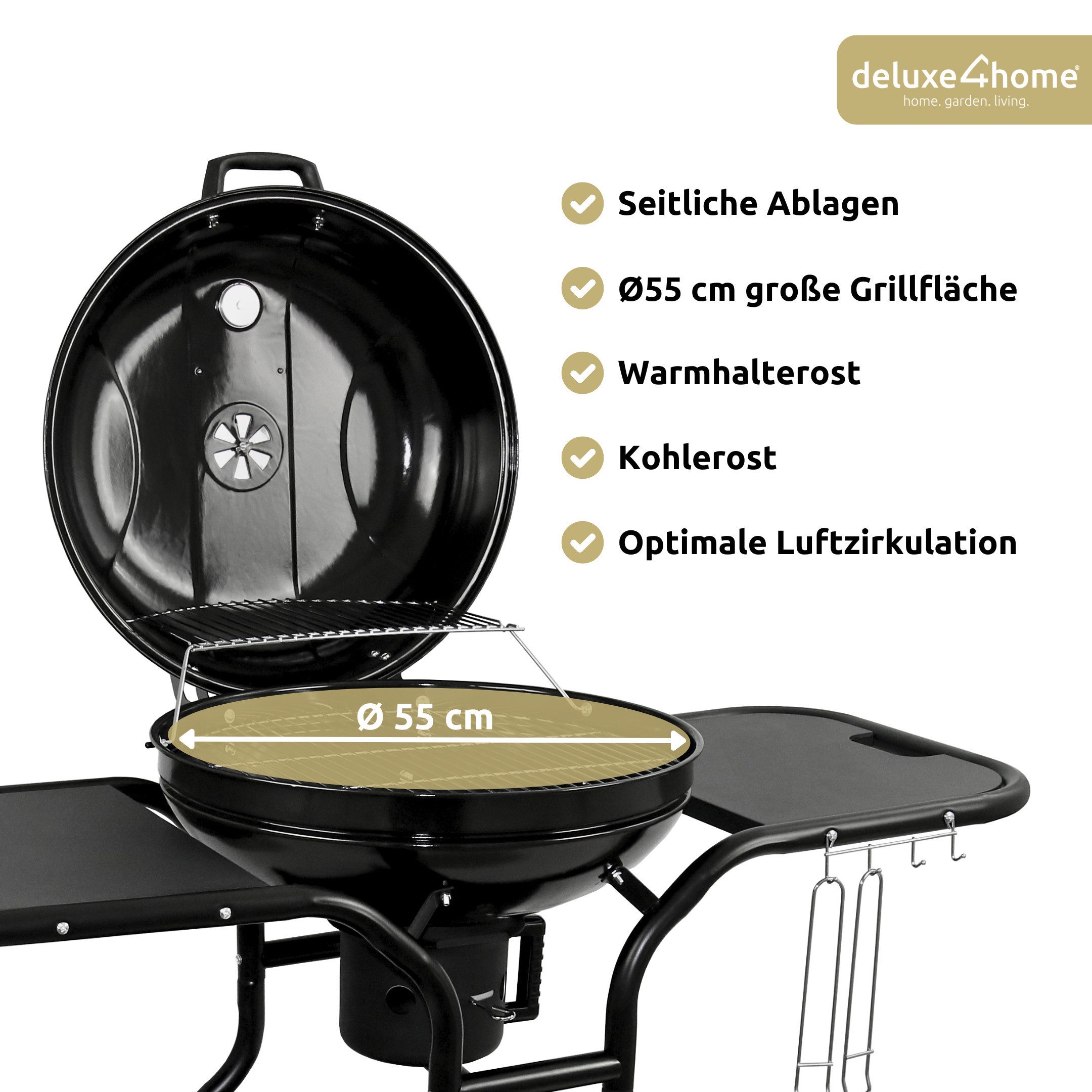 deluxe4home Holzkohlegrill Grillwagen Kugelgrill Ø55 cm I Großer Rollbarer BBQ Grill Kohlegrill, inkl. Ablagen, Grillhandschuh, Aschebehälter, Thermometer