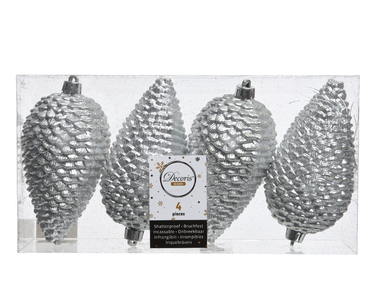 Kaemingk Christbaumschmuck, Christbaumschmuck Zapfen 12cm Kunststoff 4 Stück - Silber