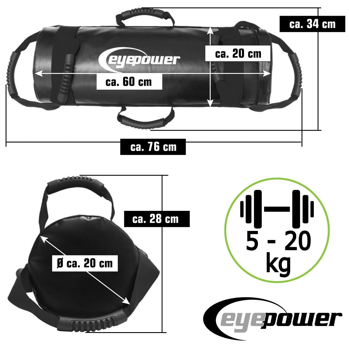 eyepower Gewichtssack 20kg Power 20x60cm Bag Gewichten cm, Kettlebell Training Sandbag 20x60 Sack 4 mit