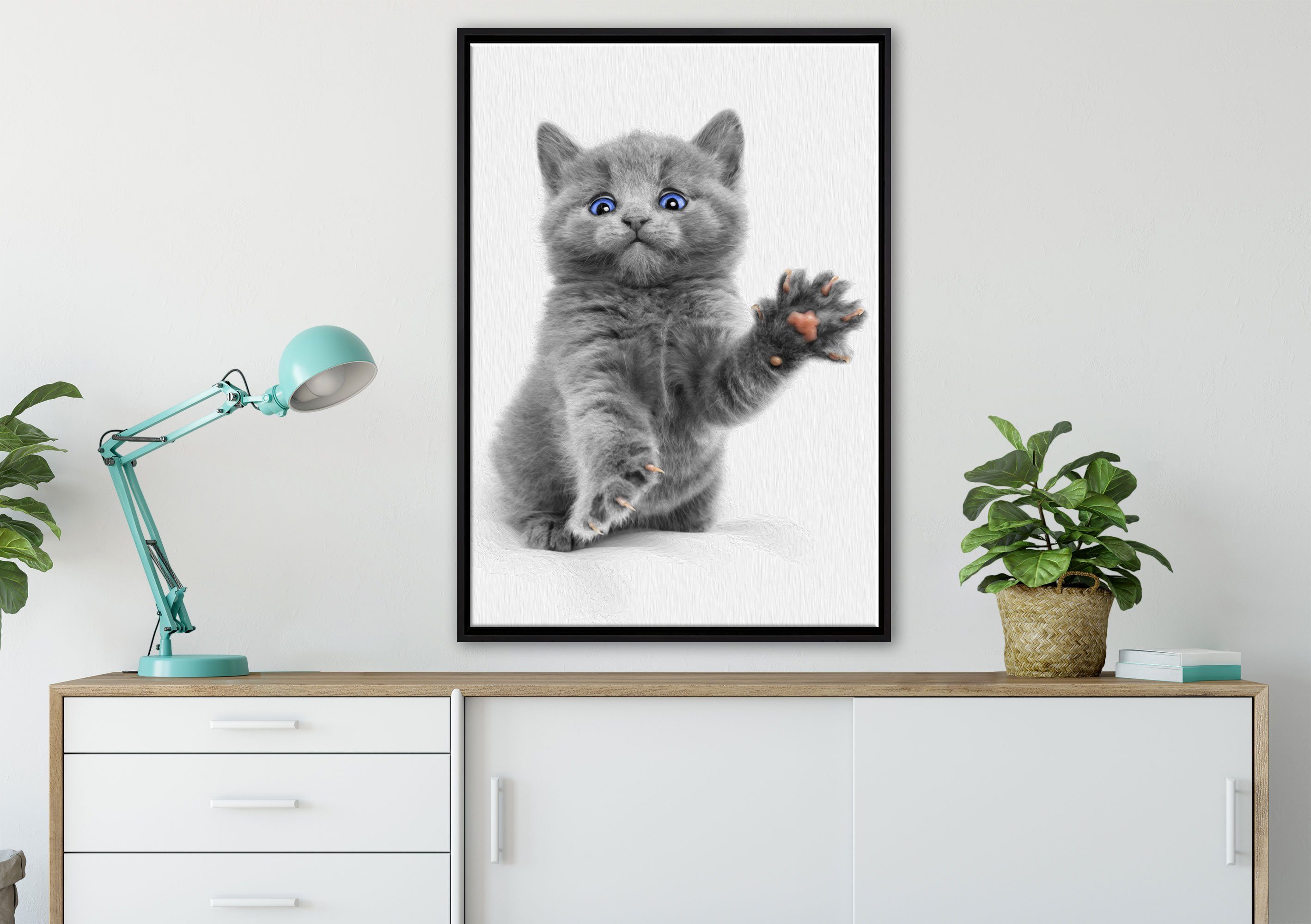 Katze, bespannt, Zackenaufhänger Leinwandbild St), fertig inkl. Leinwandbild blaue Schattenfugen-Bilderrahmen gefasst, süße (1 in kleine Wanddekoration einem Pixxprint