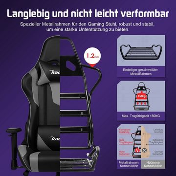 Authmic Gaming-Stuhl Gaming Stuhl,Bürostuhl Ergonomisch mit verstellbare Lendenkissen, Wippfunktion bis zu 170°, PC Gamer Racing Stuhl bis 150kg