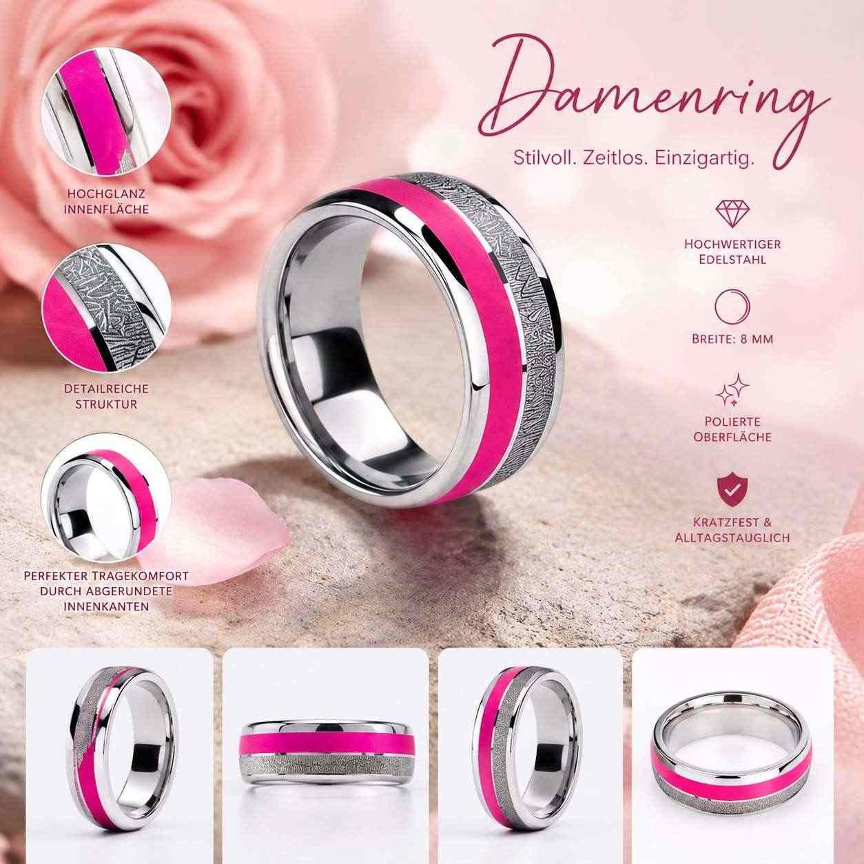 Taffstyle Fingerring Damenring Edelstahl Pink Epoxy hochglanzpoliert Verlobungsring (Moderner Damenring aus hochwertigem Edelstahl mit pinkfarbener Einlage, glänzender Oberfläche und detailreicher Struktur – 8 Millimeter breit)