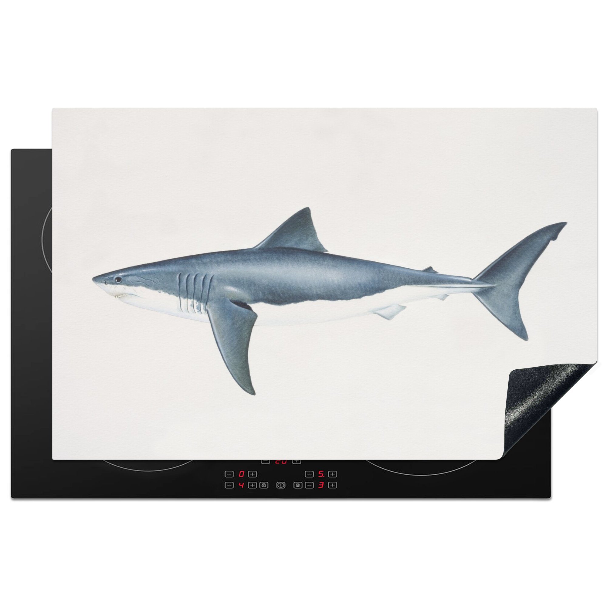 MuchoWow Herdblende-/Abdeckplatte Eine Illustration der Seitenansicht eines Weißen Hais, Vinyl, (1 tlg), 81x52 cm, Induktionskochfeld Schutz für die küche, Ceranfeldabdeckung