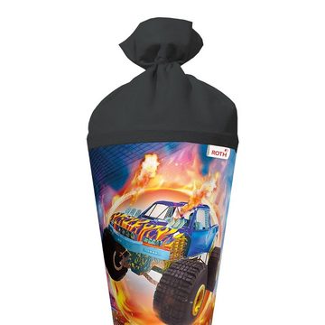 Roth Schultüte Monstertruck Fire mit Folieneffekt, 70 cm, rund, mit schwarzem Filzverschluss, Zuckertüte für Schulanfang