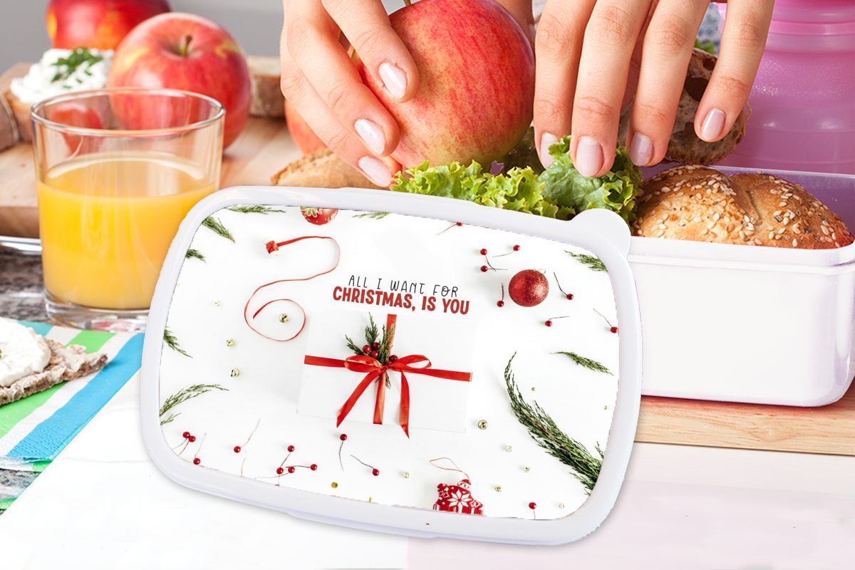 MuchoWow Lunchbox Winter - und weiß Kunststoff, für für (2-tlg), Brotdose, - Brotbox Rot Zitat, Erwachsene, Mädchen Jungs Kinder und