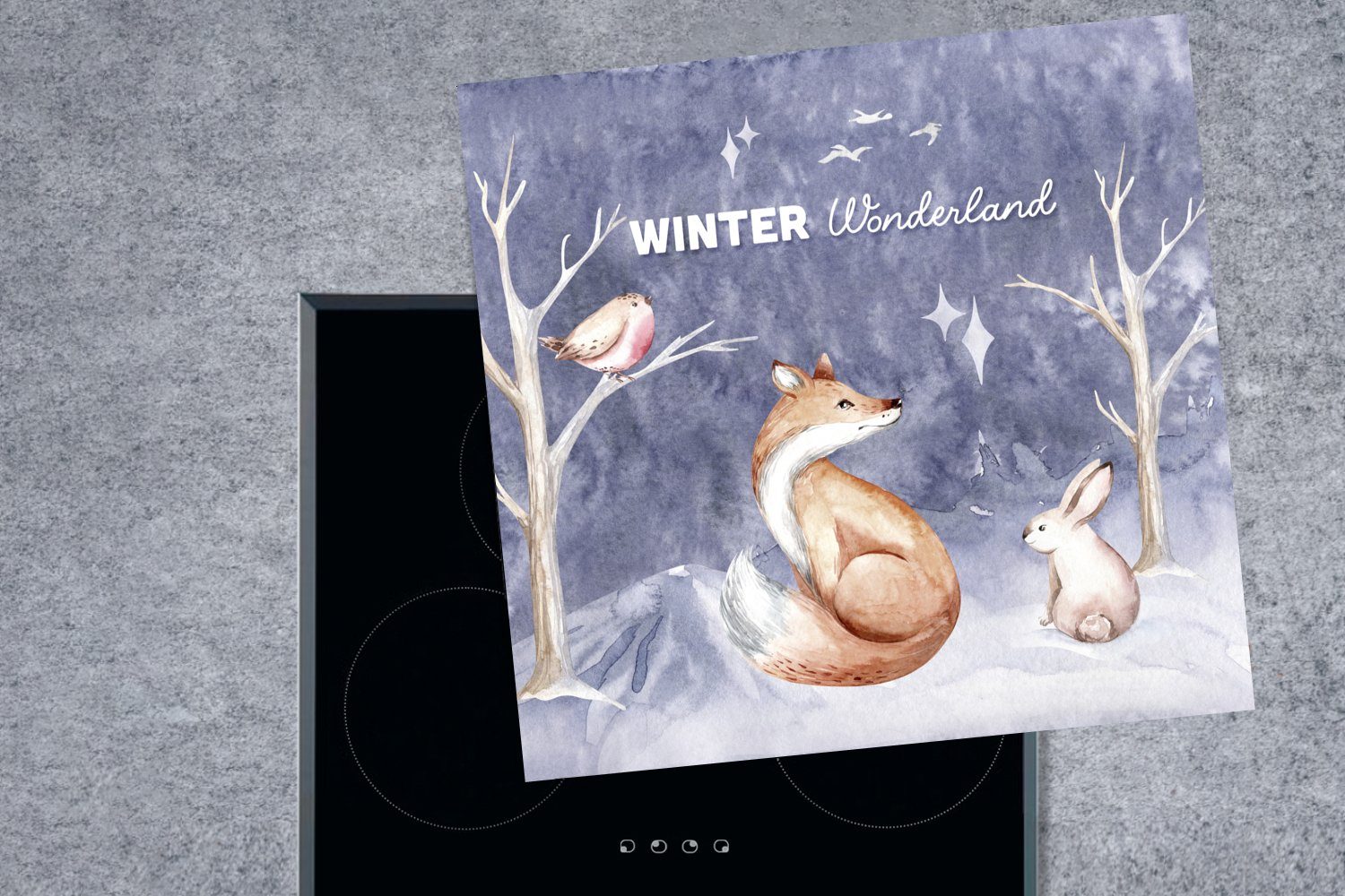 Vinyl, - cm, Arbeitsplatte Winter MuchoWow für Schnee (1 Herdblende-/Abdeckplatte Fuchs, - Ceranfeldabdeckung, tlg), 78x78 küche