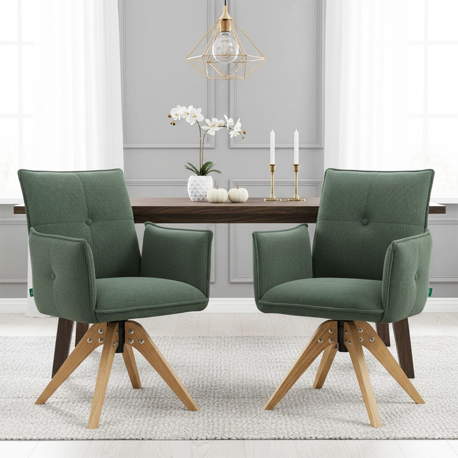 DUBI Möbel Polsterstuhl Mika-Emil, Federkern, Eiche geölt, 360° drehbar im 2er-Set