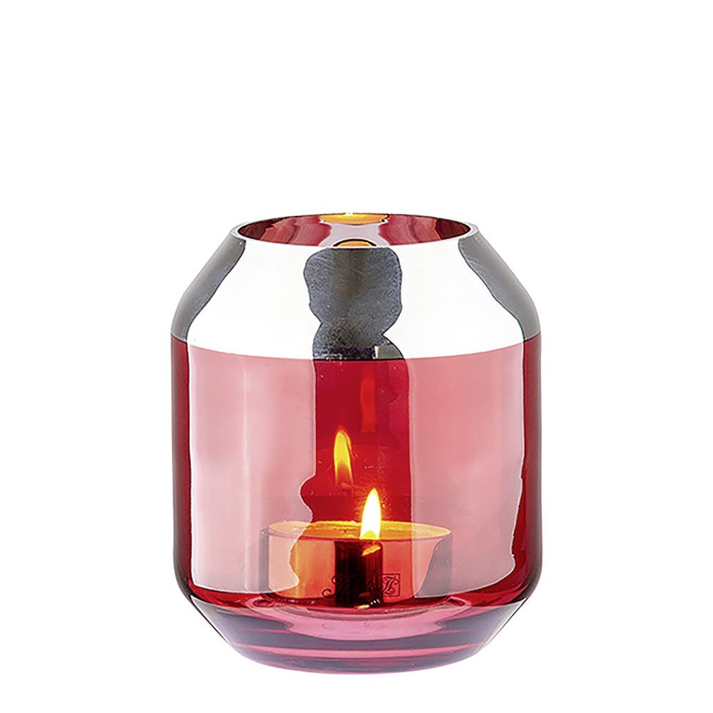Fink Teelichthalter SMILLA Teelichthalter - H.14cm x D.12cm - Glas - rot/silberfarben (Teelichtglas - Teelichtkerzenhalter), Windlicht Teelicht Vase: Vielseitiger Kerzenleuchter & Blumenvase