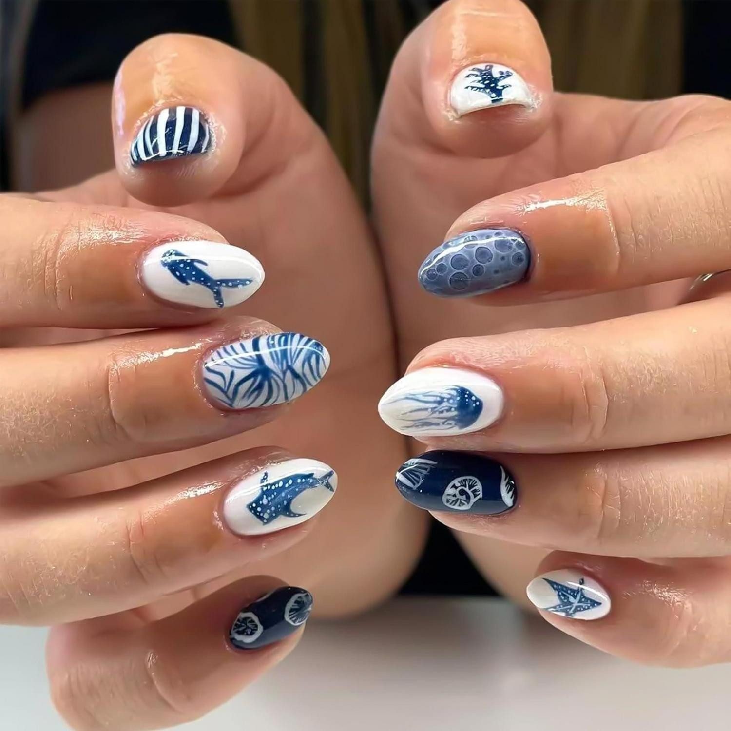 LuxusKollektion Ziernagel Blaue Kunstfingernägel Meeresmotive, 24-St.