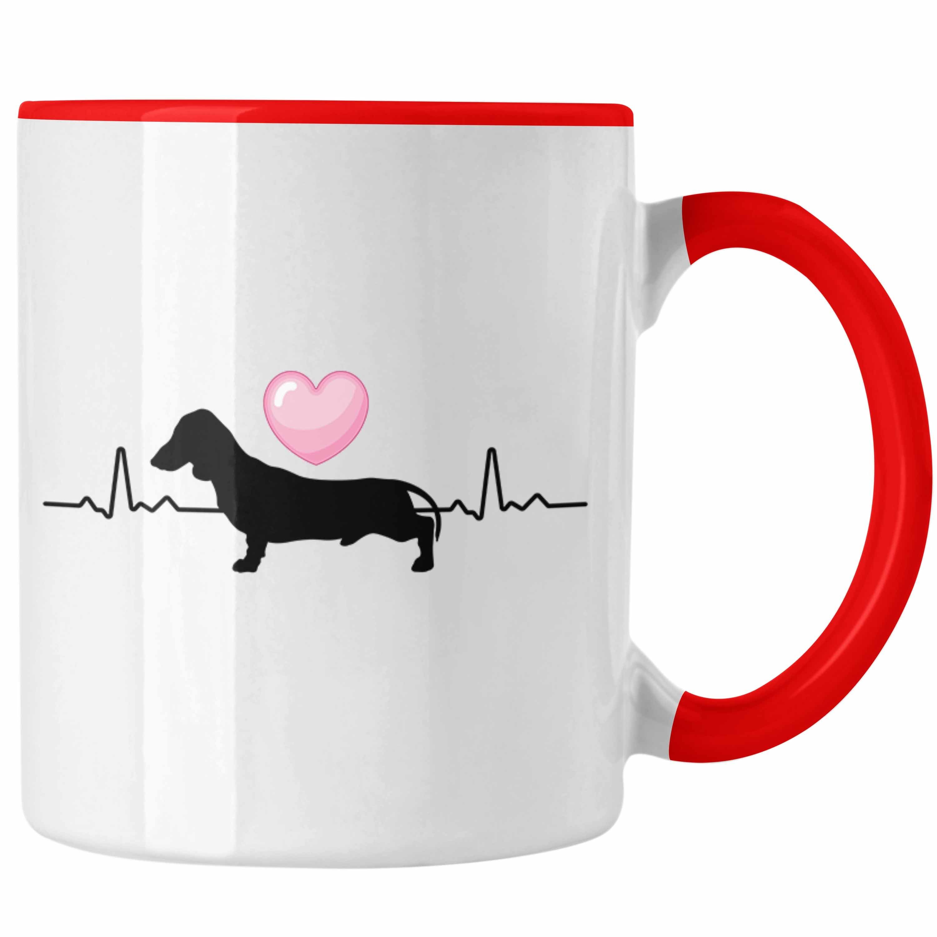 Trendation Tasse Dackel Tasse Geschenke Dachshund Rauhaardackel Lustig Herzschlag Rot