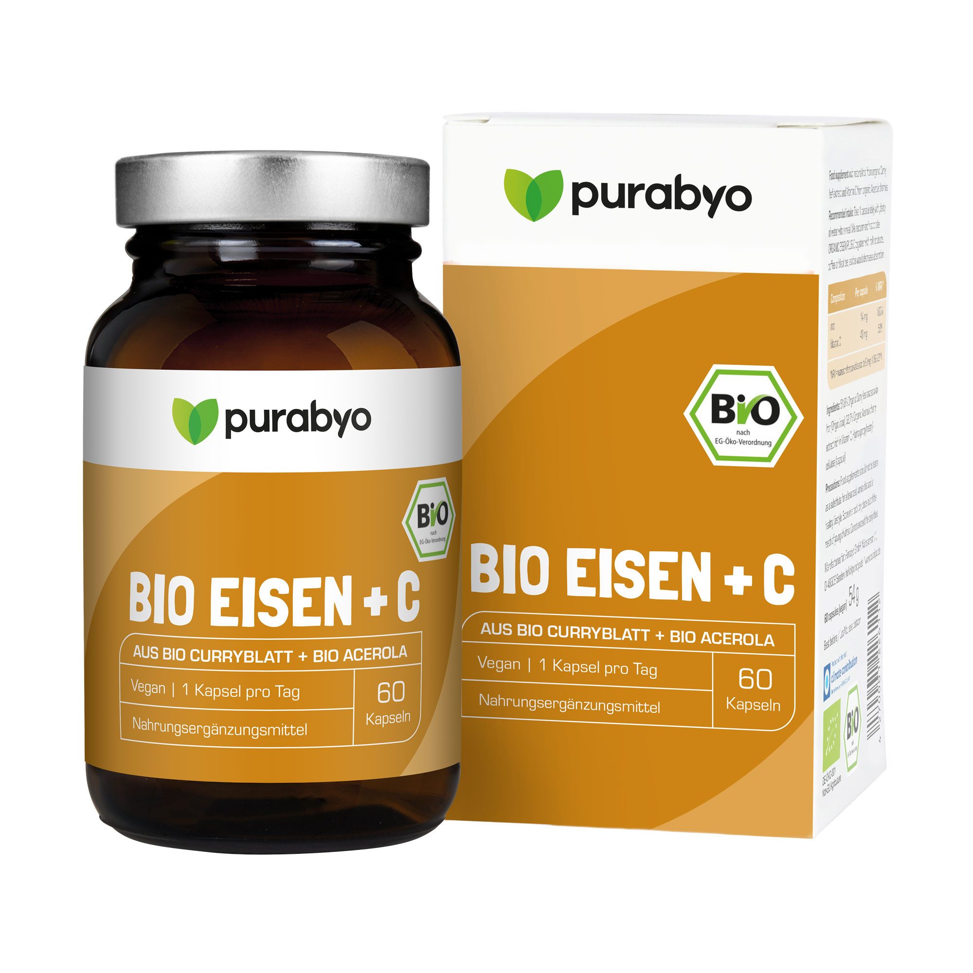 Purabyo BIO Eisen plus C - Eisen aus Bio Curryblatt mit Bio Acerola C, im Glas Kapseln, 60 St., 54 g