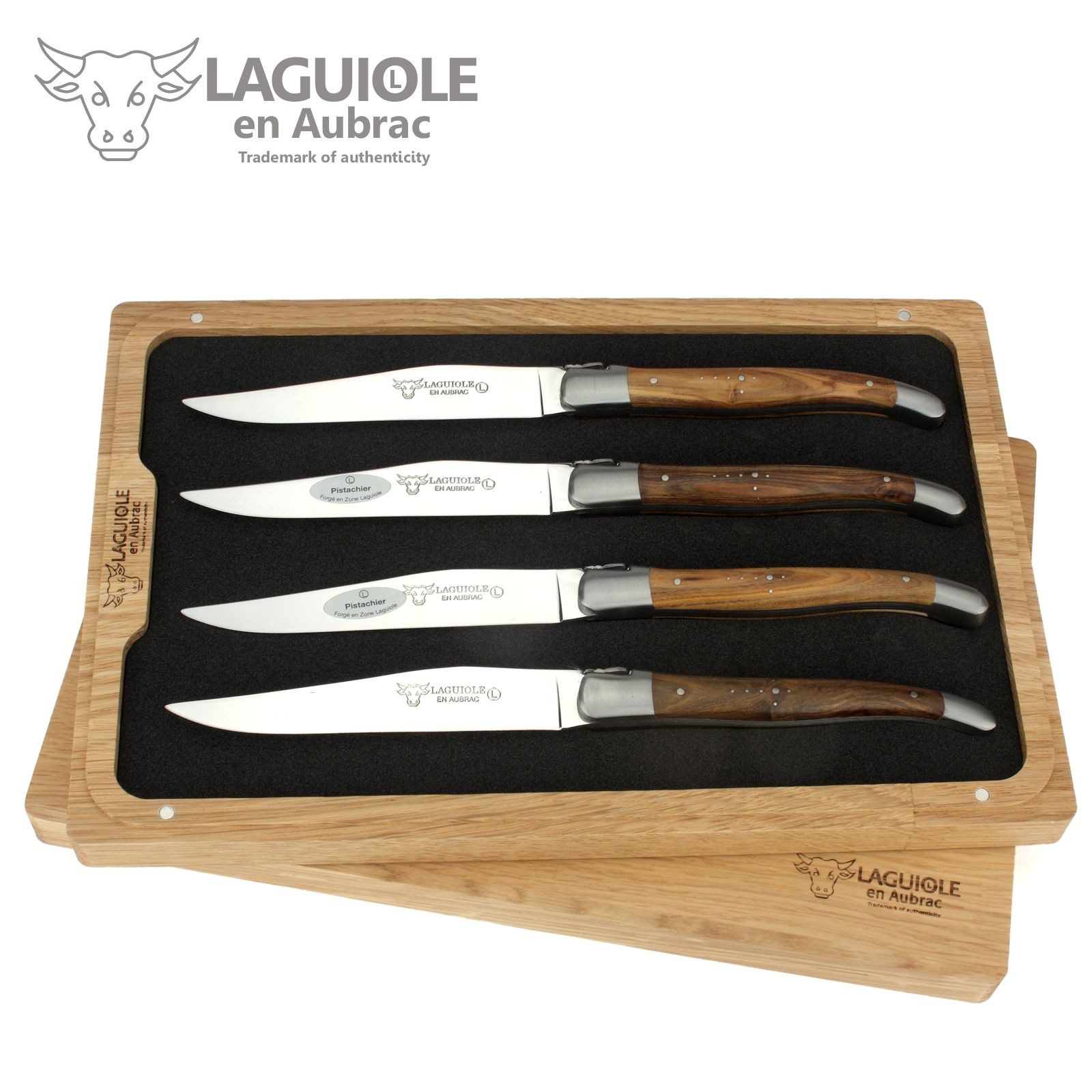 Laguiole en Aubrac Steakmesser 42C99PIIH 4er Set - Griff Pistazie - Backen matt - Klinge glänzend - Holzbox