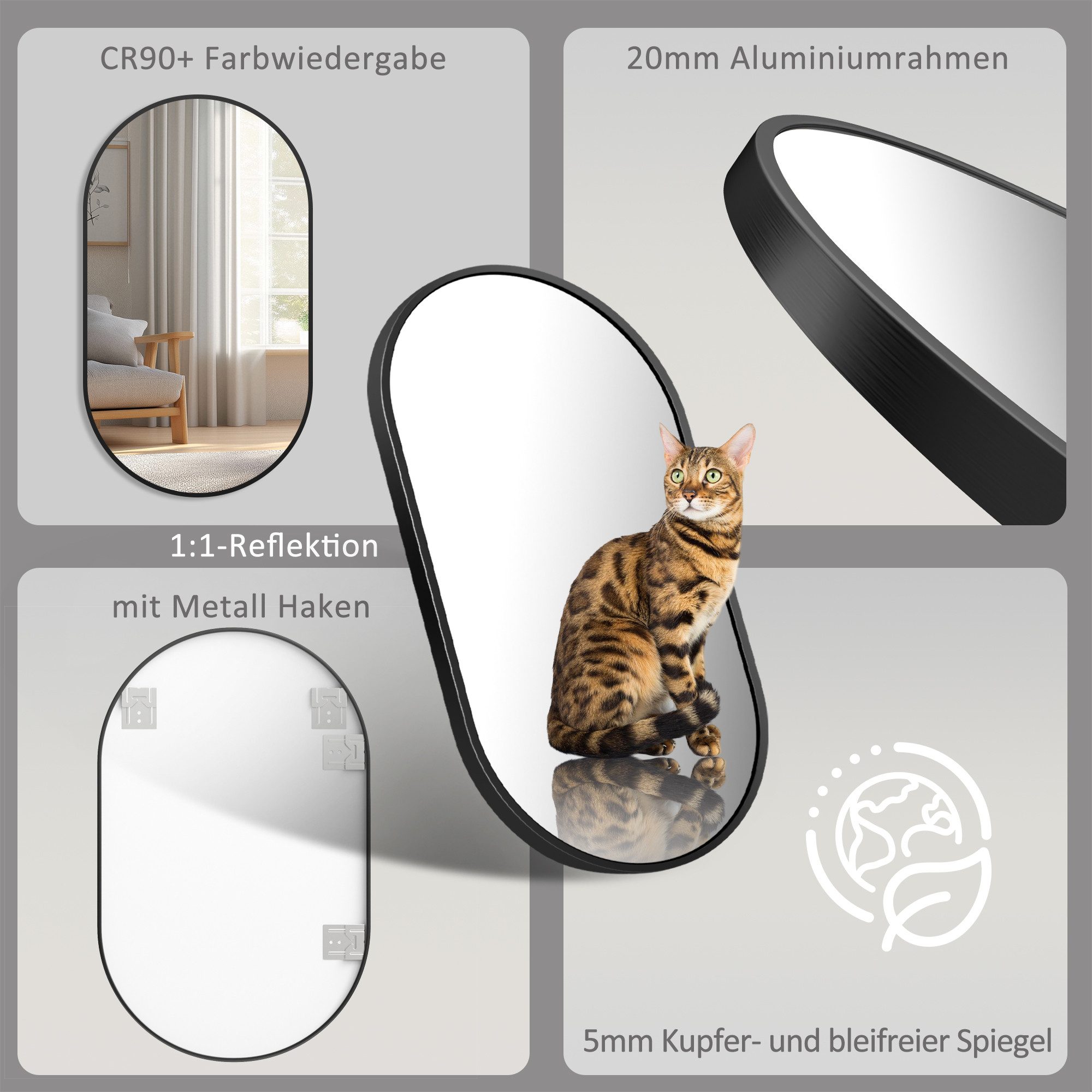 Boromal Wandspiegel Spiegel Schwarz Bad Wand Flurspiegel Metall Rahmen 50x80cm Rund bogen (Badspiegel Badezimmerspiegel, mit Metall Haken), Vertikal Horizontal möglich, Freistehend,Wand montierbar