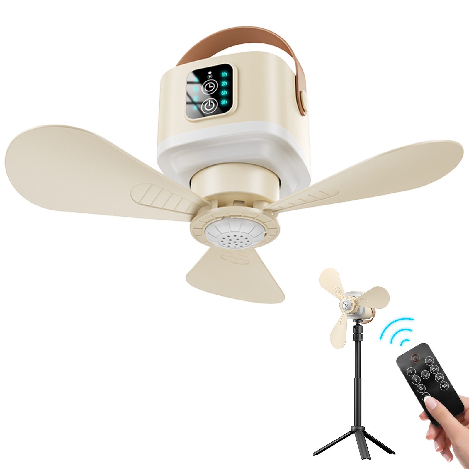 Lapalife Deckenventilator Akku Ventilator Mit LED Licht, Tragbar Hängelampe Mit Fernbedienung, 4 Windstufen & 3 Helligkeitsstufen, für Zelt Garten Wohnmobil