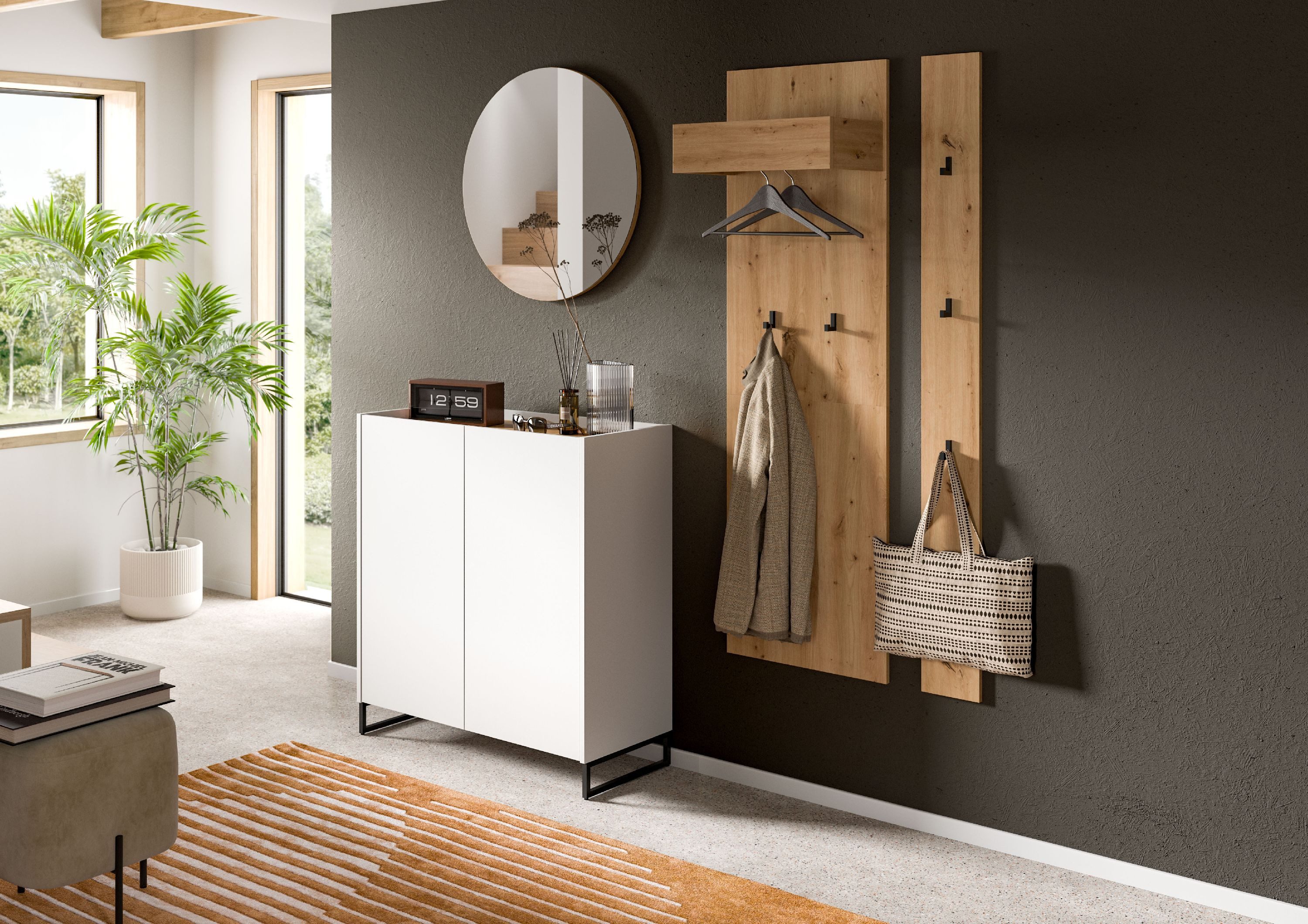 xonox.home Garderoben-Set Drive, (4tlg. Set inkl. Schuhkommode, Spiegel, Garderobenpaneel), weiß Nachbildung Melamin beschichtet modern 197x206x32 cm