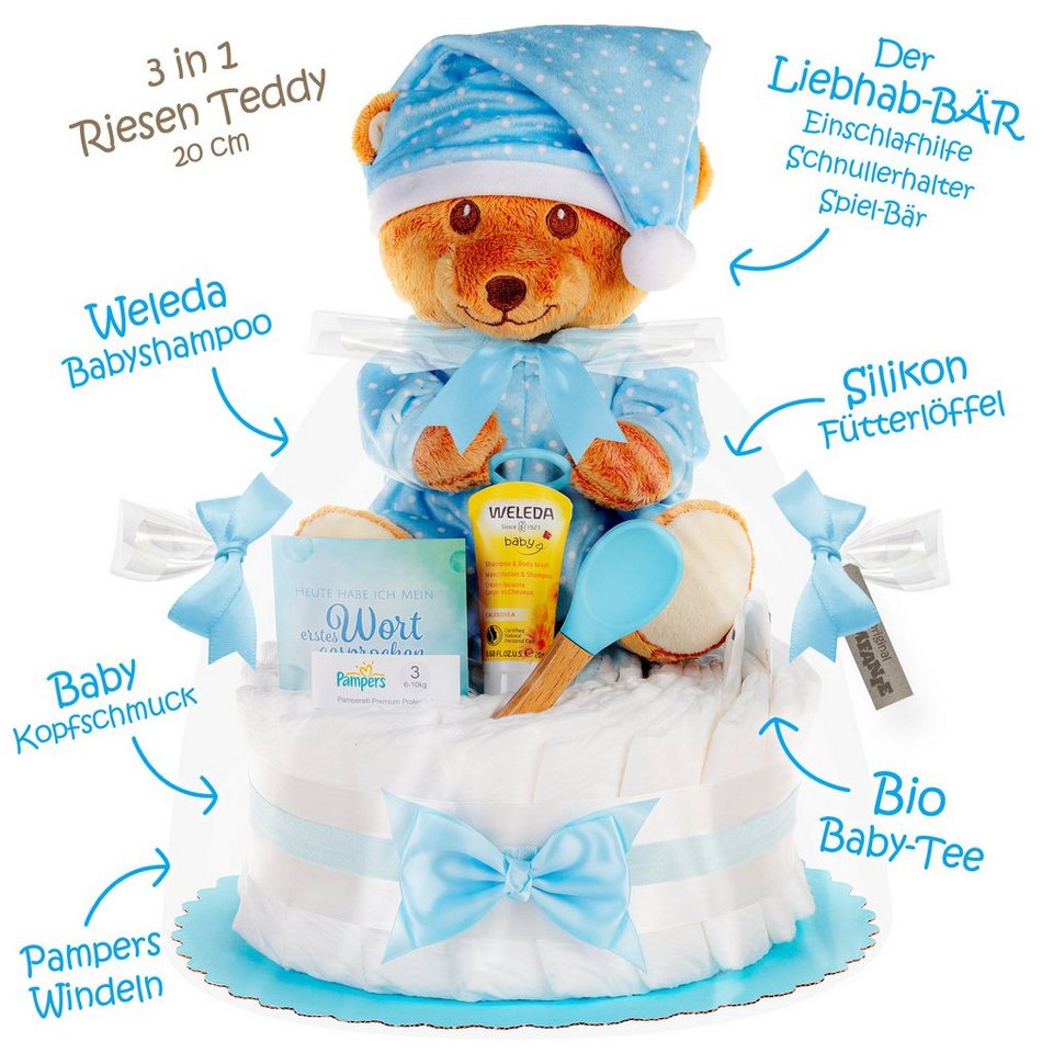 Timfanie Neugeborenen-Geschenkset Windeltorte, LiebhabBÄR, blau, 0-8 Monate  (rosa, 28-tlg., mit Grußkarte) Einzelanfertigung