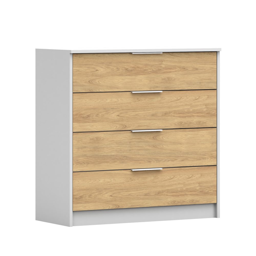 MOEBLO Kommode WETA 4S (Sideboard Wohnzimmer Schlafzimmer Komodenschrank Highboard, mit 4 Schubladen, Weiß matt + Eiche Hickory), (B x H x T): 90x90x40 cm