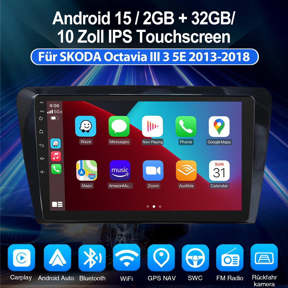ESSGOO Für SKODA Octavia III 3 5E 2013-2018 Android15 Autoradio Carplay Autoradio (RDS, Digitalradio (DAB), FM, AM, NAVI EQ SWC BT Apple Carplay Android Auto)