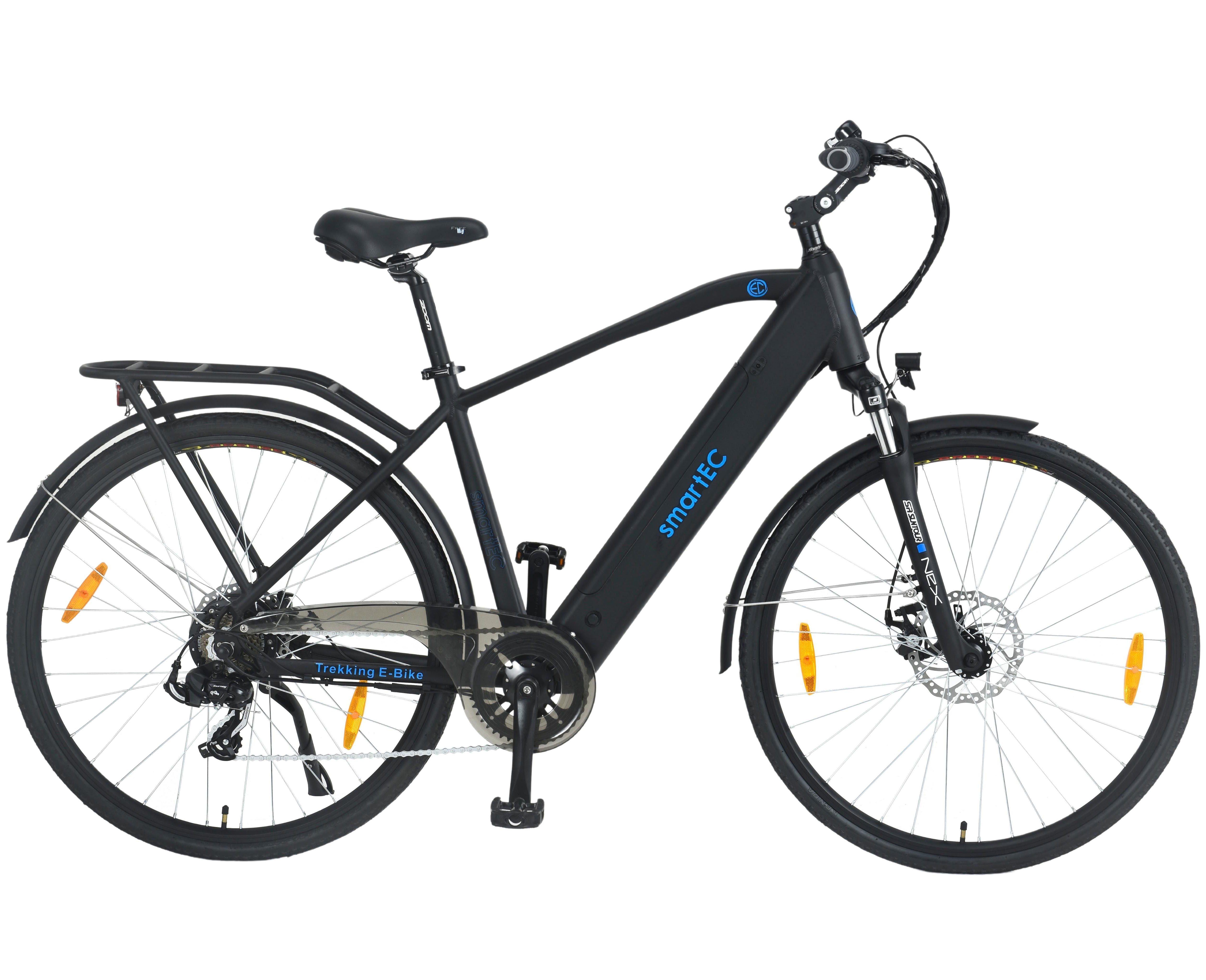 smartEC E-Bike Trekking Fahrrad Trek-28H 28 Zoll Herren, 7 Gang Shimano Tourney Schaltwerk, Kettenschaltung, Hinterrad-Nabenmotor, 468,00 Wh Akku, Batterie, Unterstützung 25 km/h Scheibenbremse 90km Reichweite Anfahrhilfe StVZO Schwarz