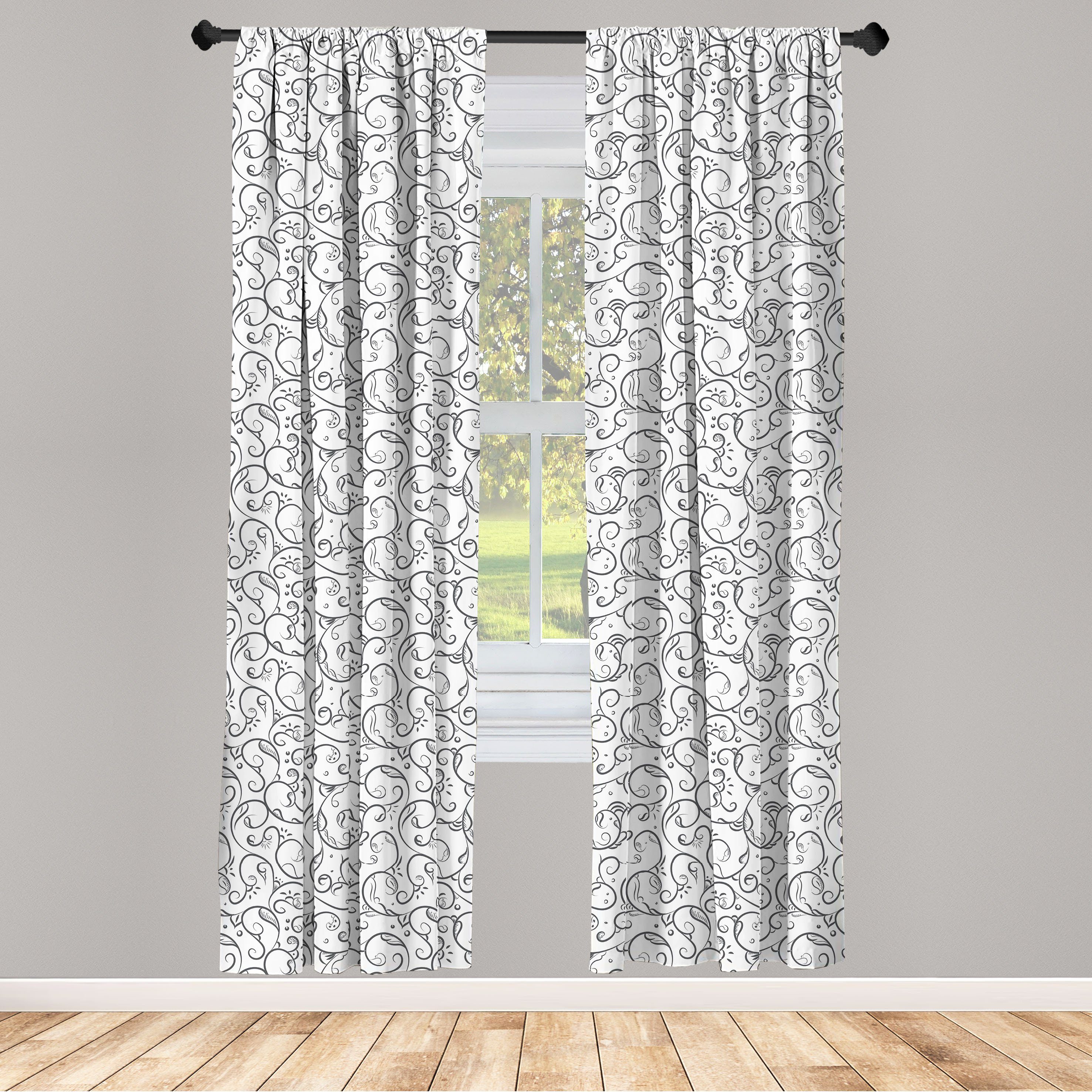 Gardine Vorhang für Wohnzimmer Schlafzimmer Dekor, Abakuhaus, Microfaser, Blumen Grau wirbelnde Blatt-Muster