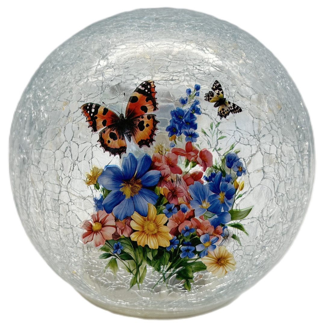 abc HOME Dekokugel LED Glaskugel Blumen & Schmetterling – Craquelé-Effekt, warmweiß, 14cm – Bild 2 von 2