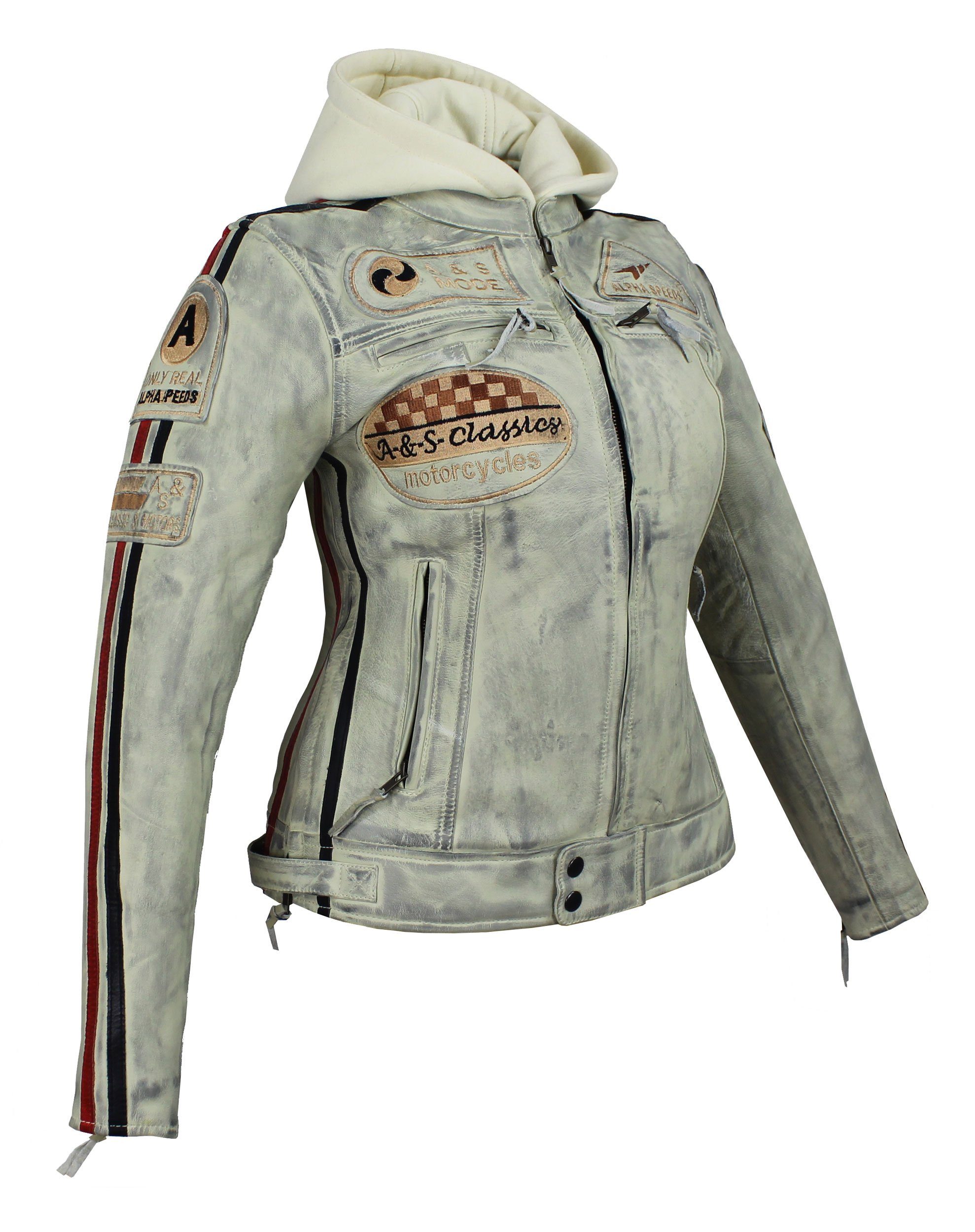 Lammleder, trennbaren Freizeit Jacke Kapuze) einem Weiß Alpha Damen Biker Highway Motorradjacke weichem Lederjacke Speeds aus Protektoren inklusive (mit einem