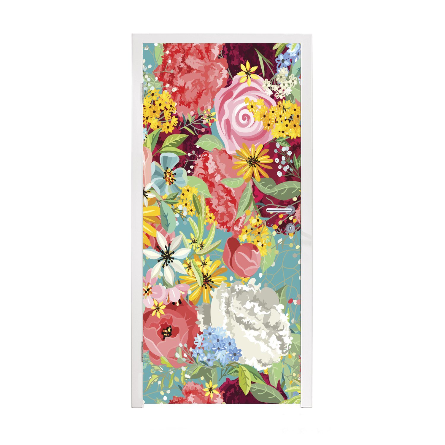 MuchoWow Türtapete Eine farbenfrohe Illustration mit Blumenmuster, Matt, bedruckt, (1 St), Fototapete für Tür, Türaufkleber, 75x205 cm