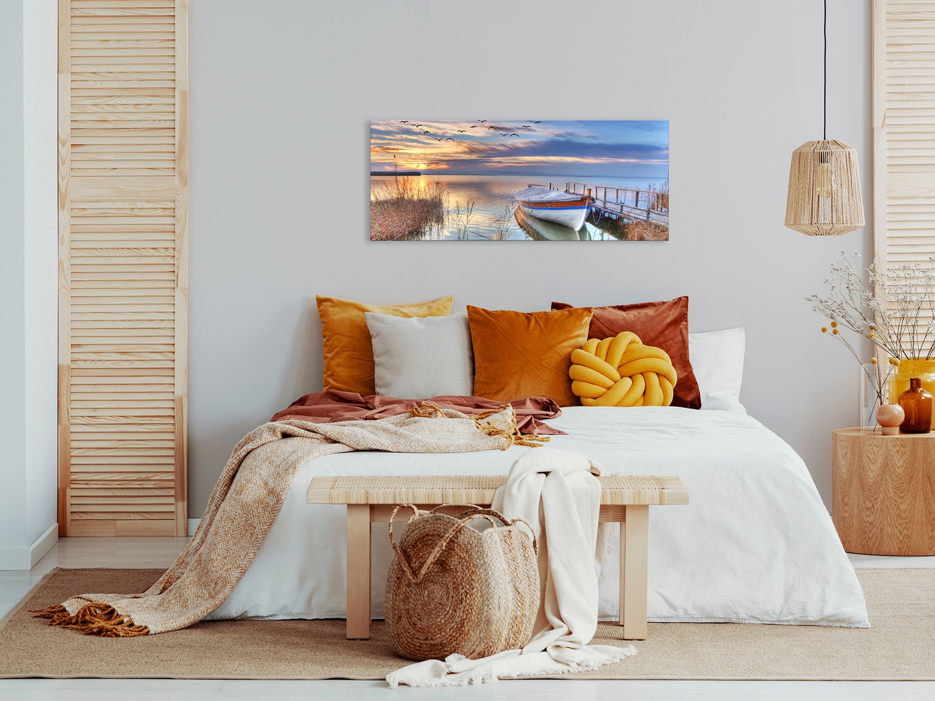 artissimo Glasbild XXL Bild aus Glas 125x50 cm / Panorama Wandbild groß / Wanddeko modern, Landschaft und Natur: Boot am Steg bei Sonnenuntergang – Bild 3 von 5