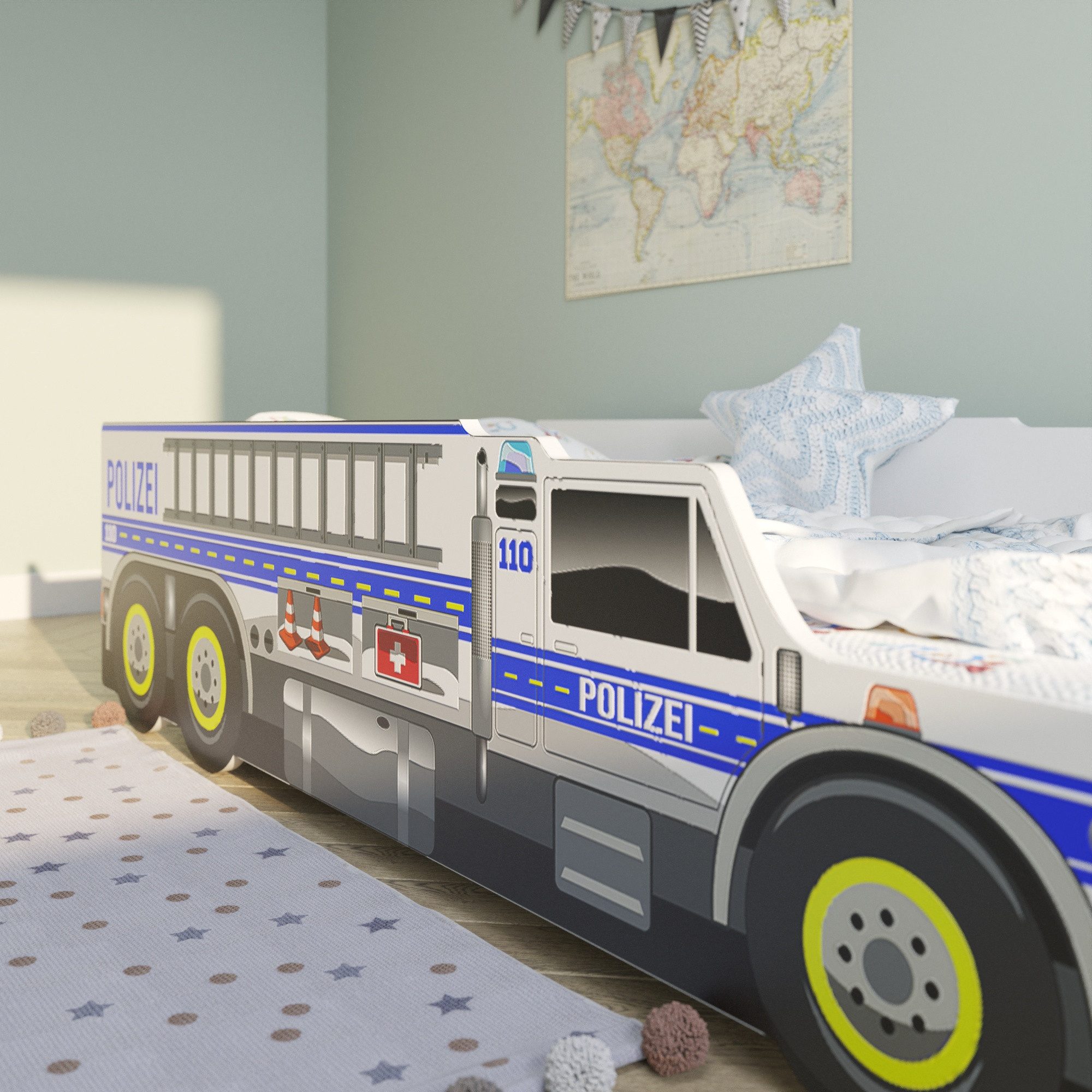 Kids Collective Car Bed, Children's Bed, Youth Bed 80x160, Police Design with Fall Protection, Police Car, with Slatted Base 80x160 cm, Mattress Optional, Policeman Play Bed