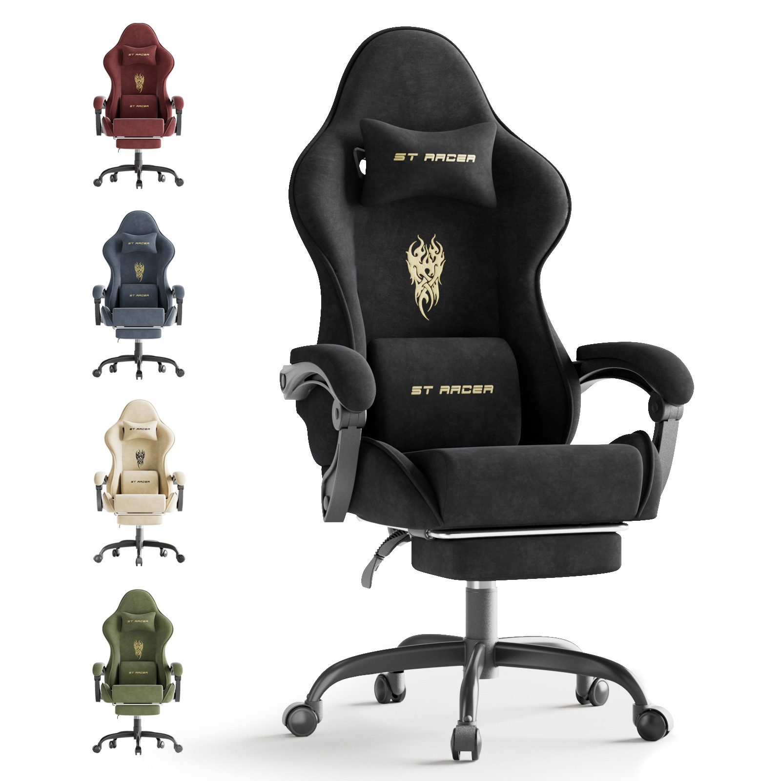 Ferghana Gaming-Stuhl Racing PC Stuhl Verstellbar mit Kopf-,Lendenkissen, Fußstütze (Rückenlehne 90°-125), Ergonomisch, atmungsaktiv Gaming Chair