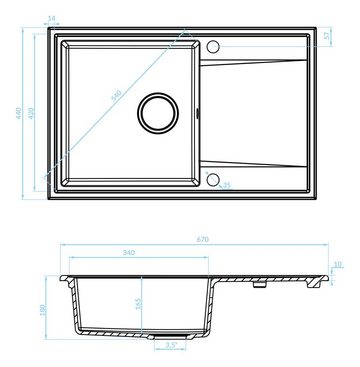 KOLMAN Küchenspüle HUNTER Granitspüle Einzelbecken 44x67 mit Siphon in Grau, Rechteckig, 44/16.5 cm, Grau, in Grau